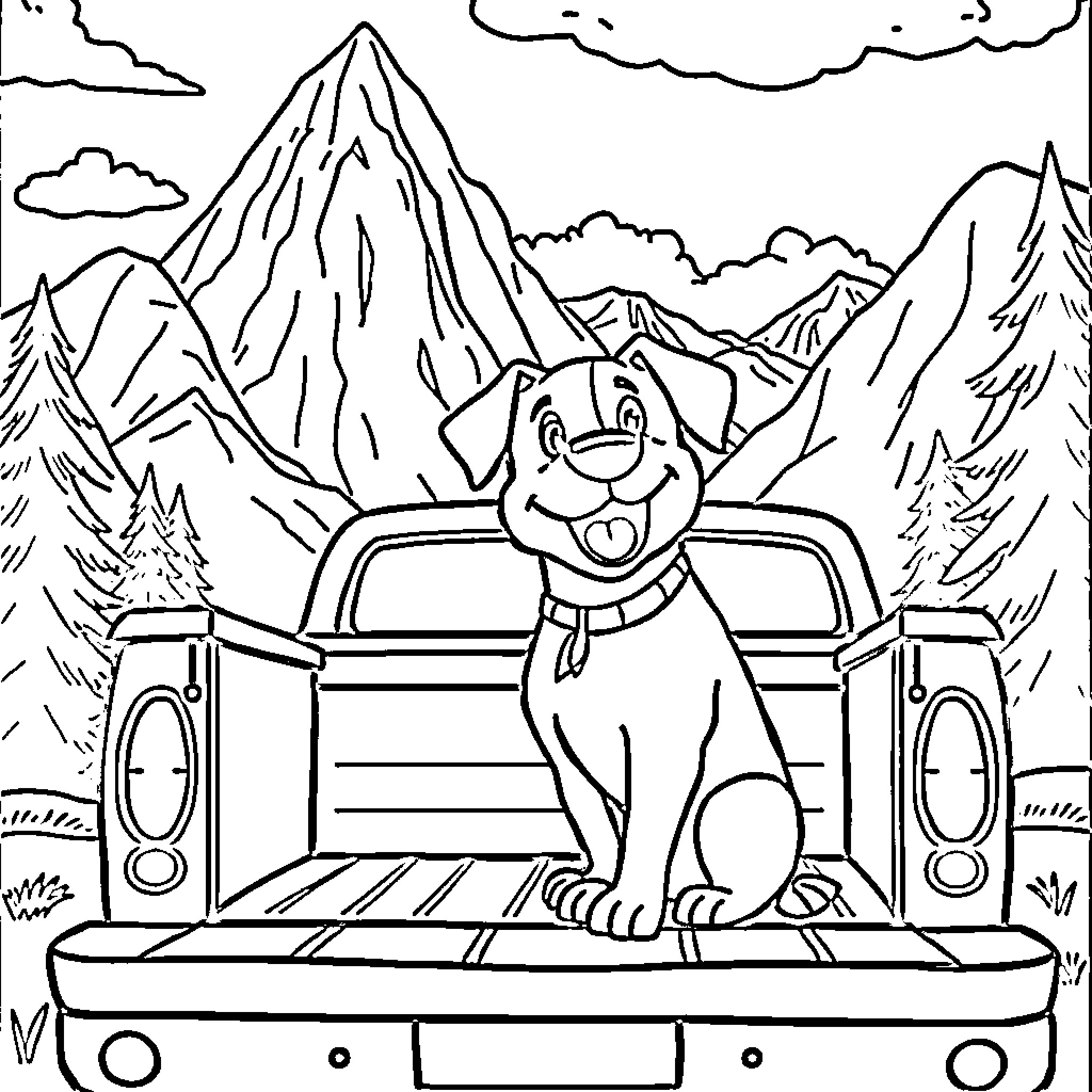 Dog sitting in the back of a truck on a mountain landscape Coloring Page (free black-and-white line drawing printable PDF for all, from beginners to advanced learners, including children, teens, adults, and seniors)