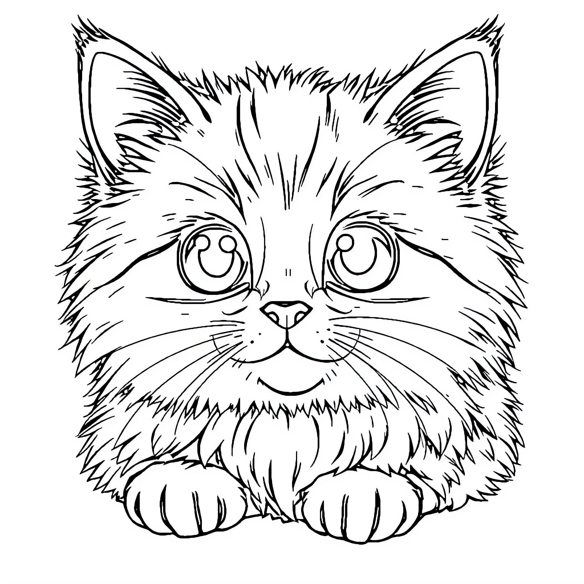 Cat with Fluffy Face and Big Eyes Coloring Page (free black-and-white line drawing printable PDF for all, from beginners to advanced learners, including children, teens, adults, and seniors)