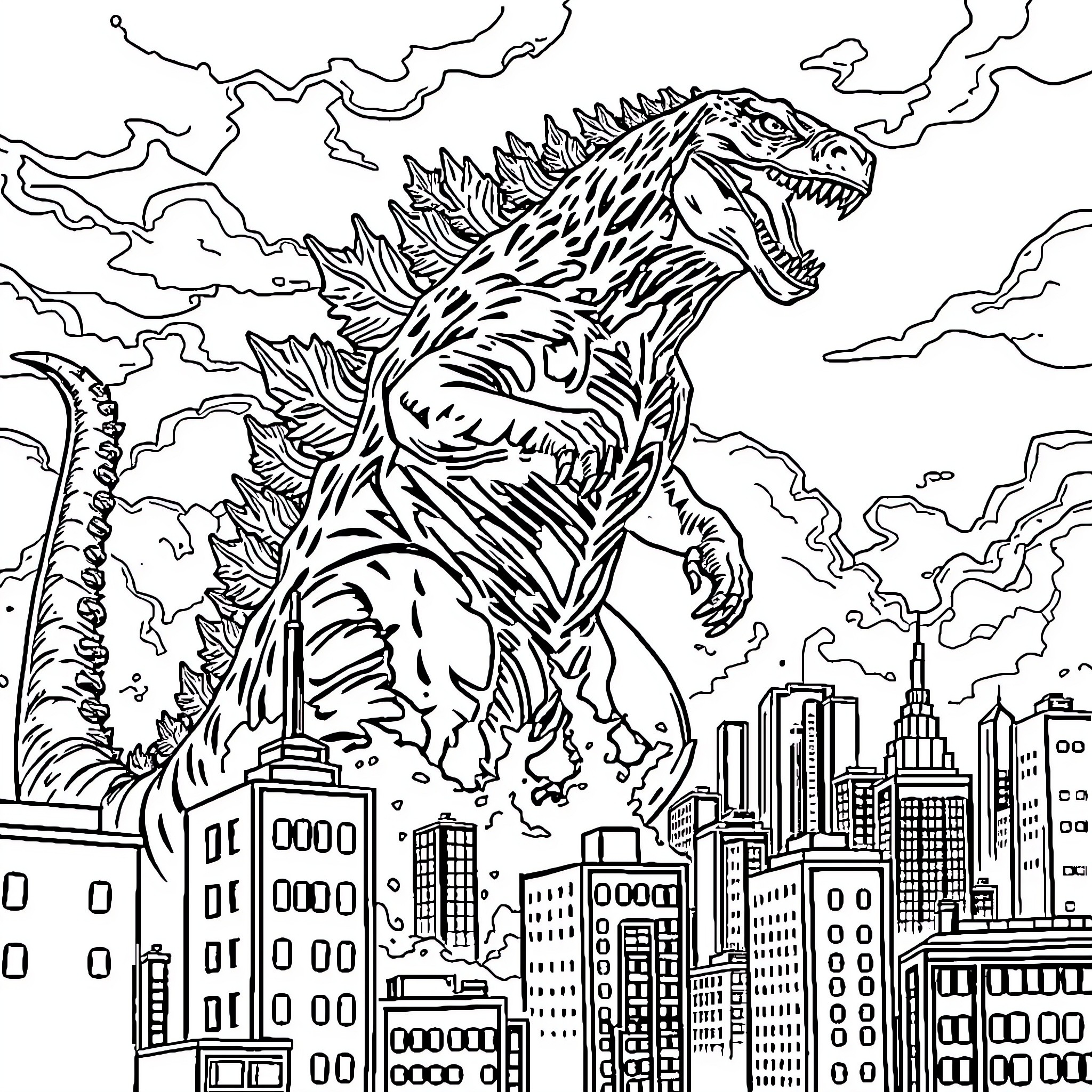 Godzilla Rampaging Through the City Coloring Page (free black-and-white line drawing printable PDF for all, from beginners to advanced learners, including children, teens, adults, and seniors)
