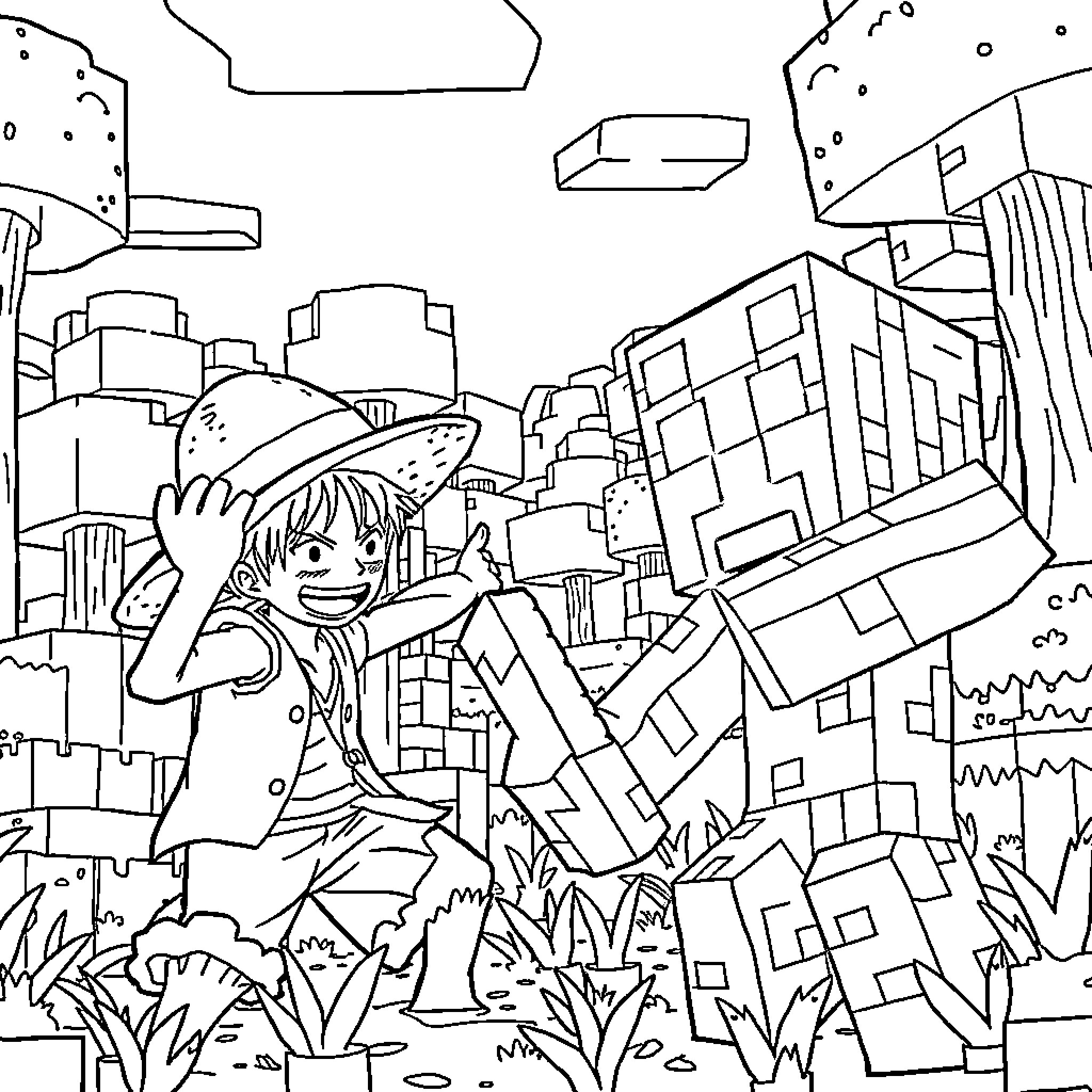 Luffy exploring the colorful cityscape Coloring Page (free black-and-white line drawing printable PDF for all, from beginners to advanced learners, including children, teens, adults, and seniors)