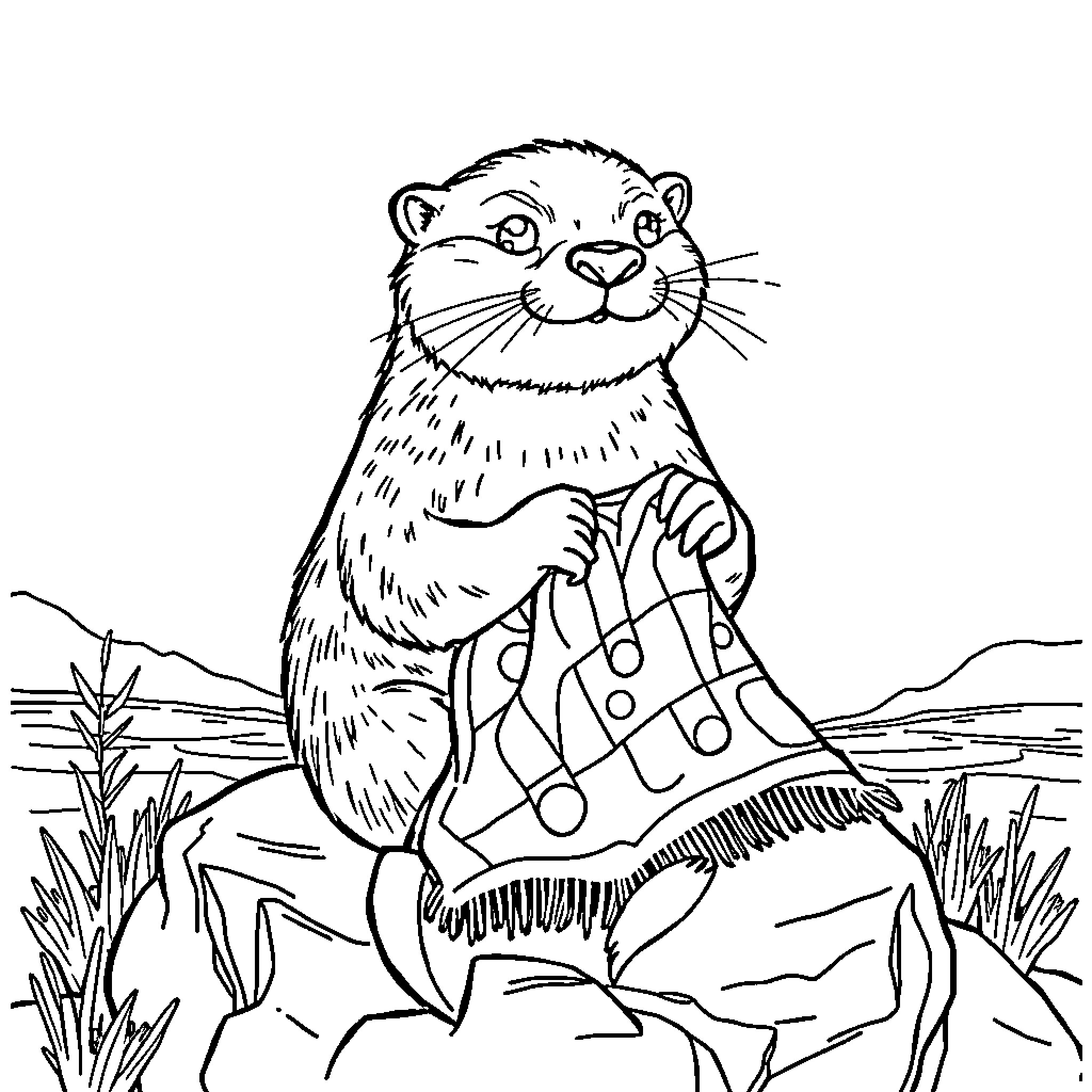 Otter exploring a patterned landscape Coloring Page (free black-and-white line drawing printable PDF for all, from beginners to advanced learners, including children, teens, adults, and seniors)
