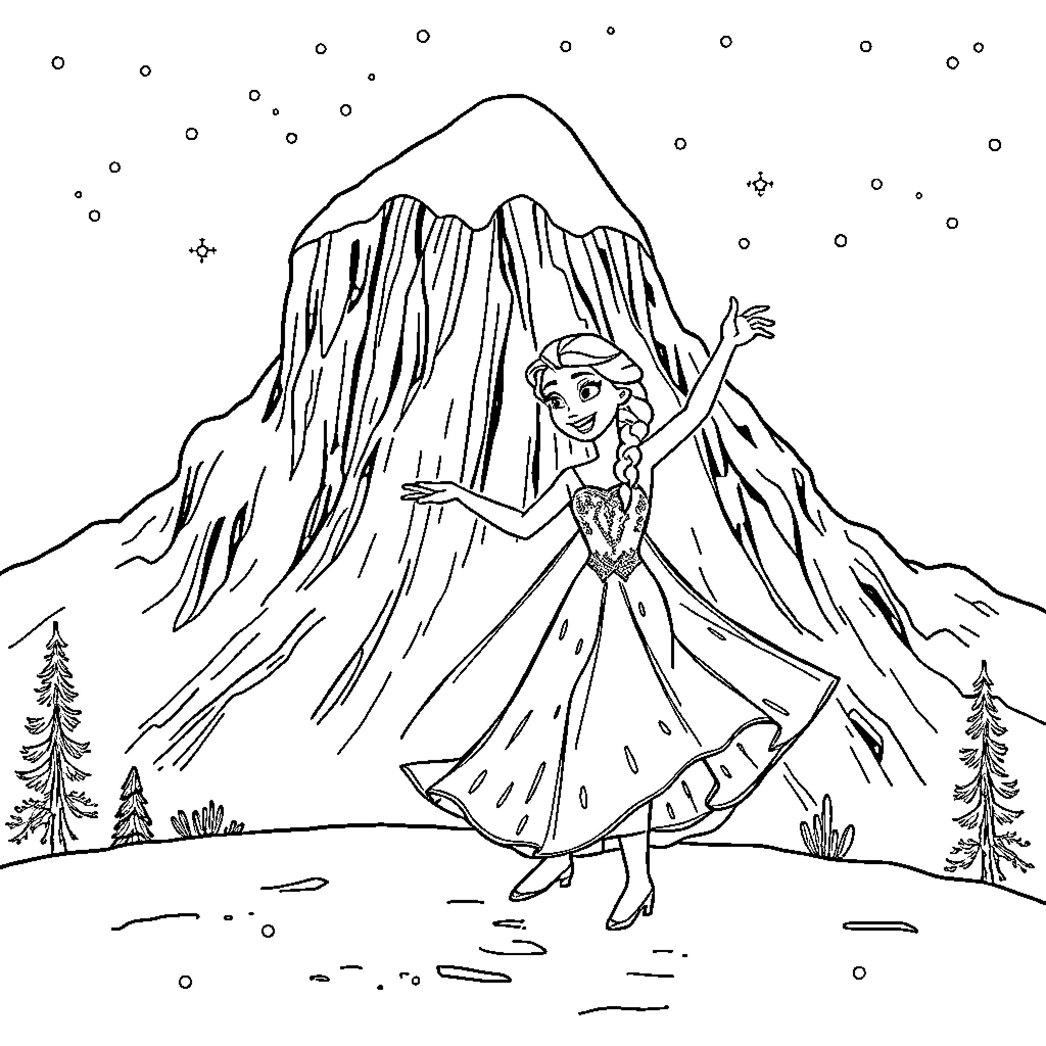 Frozen woman in winter wonderland Coloring Page (free black-and-white line drawing printable PDF for all, from beginners to advanced learners, including children, teens, adults, and seniors)