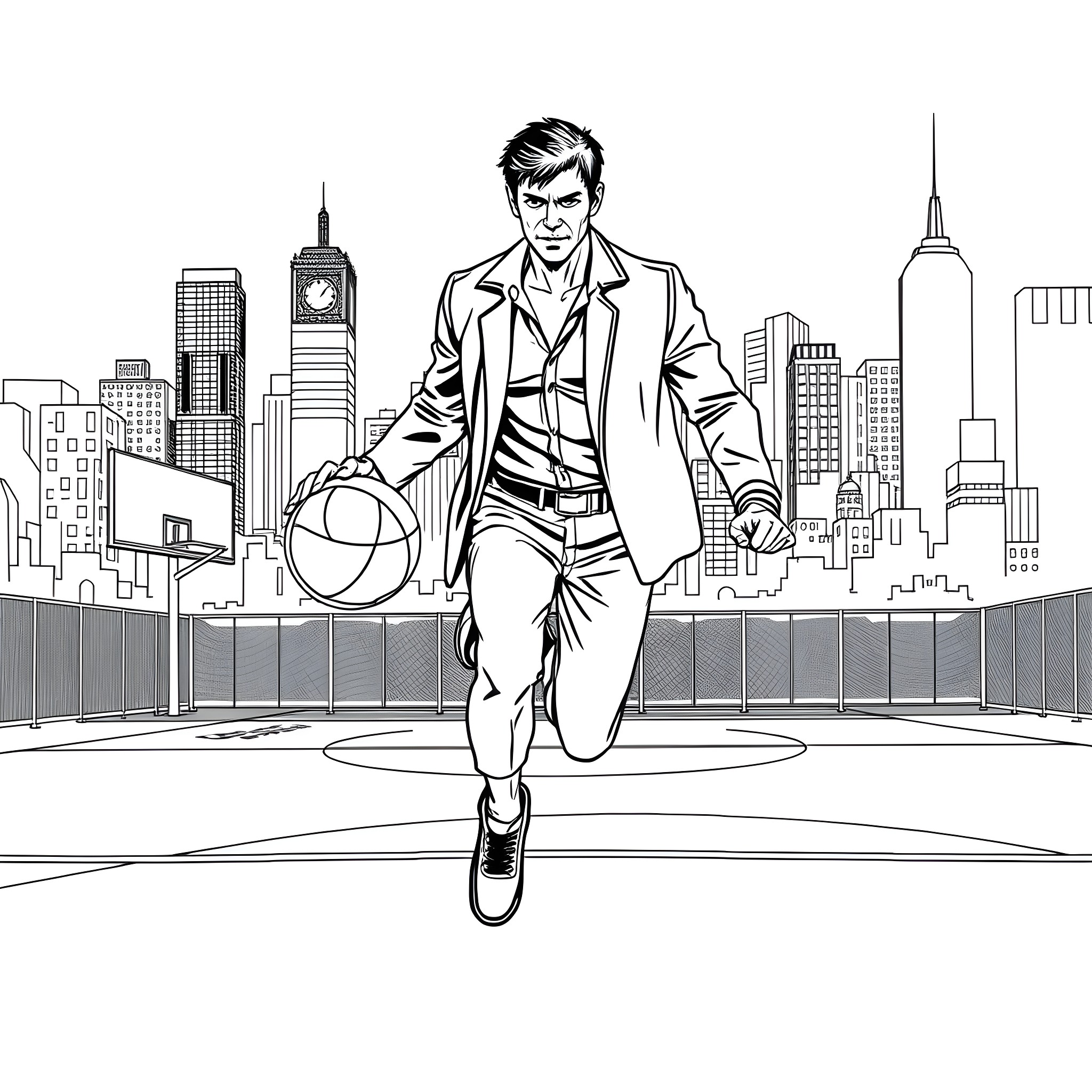 Dexter in Action: Navigating the City Skyline Coloring Page (free black-and-white line drawing printable PDF for all, from beginners to advanced learners, including children, teens, adults, and seniors)