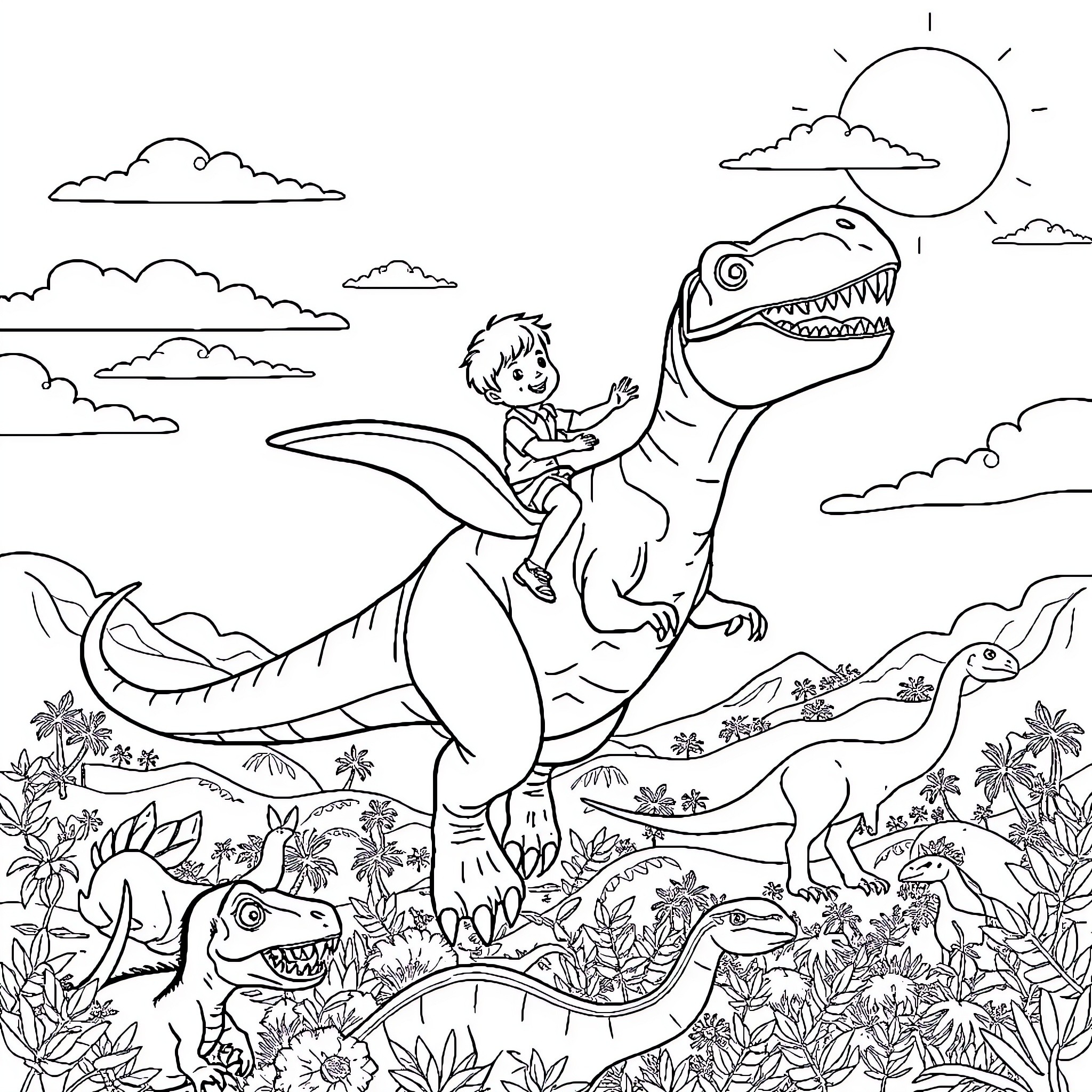 Dinosaur child riding a friendly dinosaur in the wilderness Coloring Page (free black-and-white line drawing printable PDF for all, from beginners to advanced learners, including children, teens, adults, and seniors)