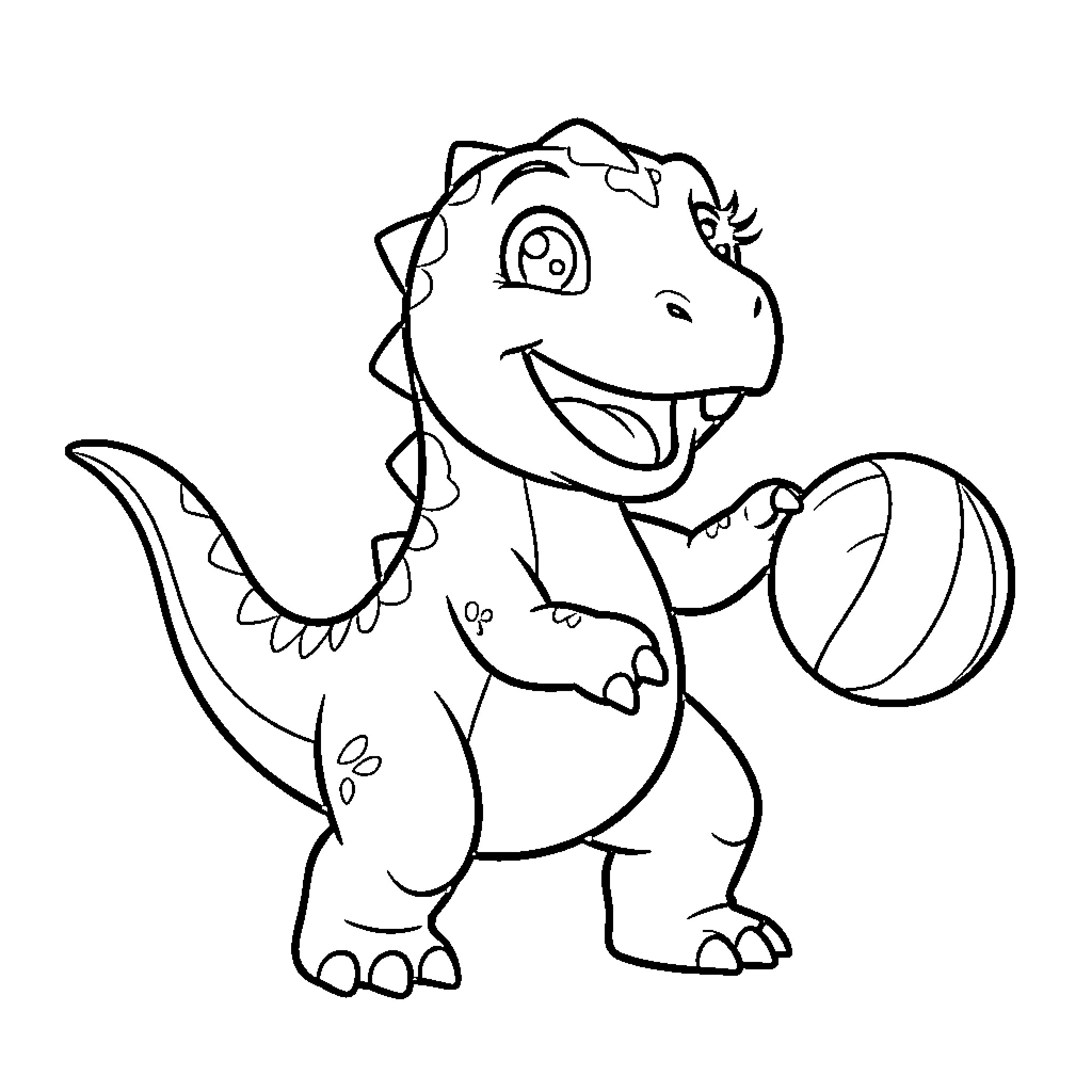 Dinosaur playing happily with a ball Coloring Page (free black-and-white line drawing printable PDF for all, from beginners to advanced learners, including children, teens, adults, and seniors)