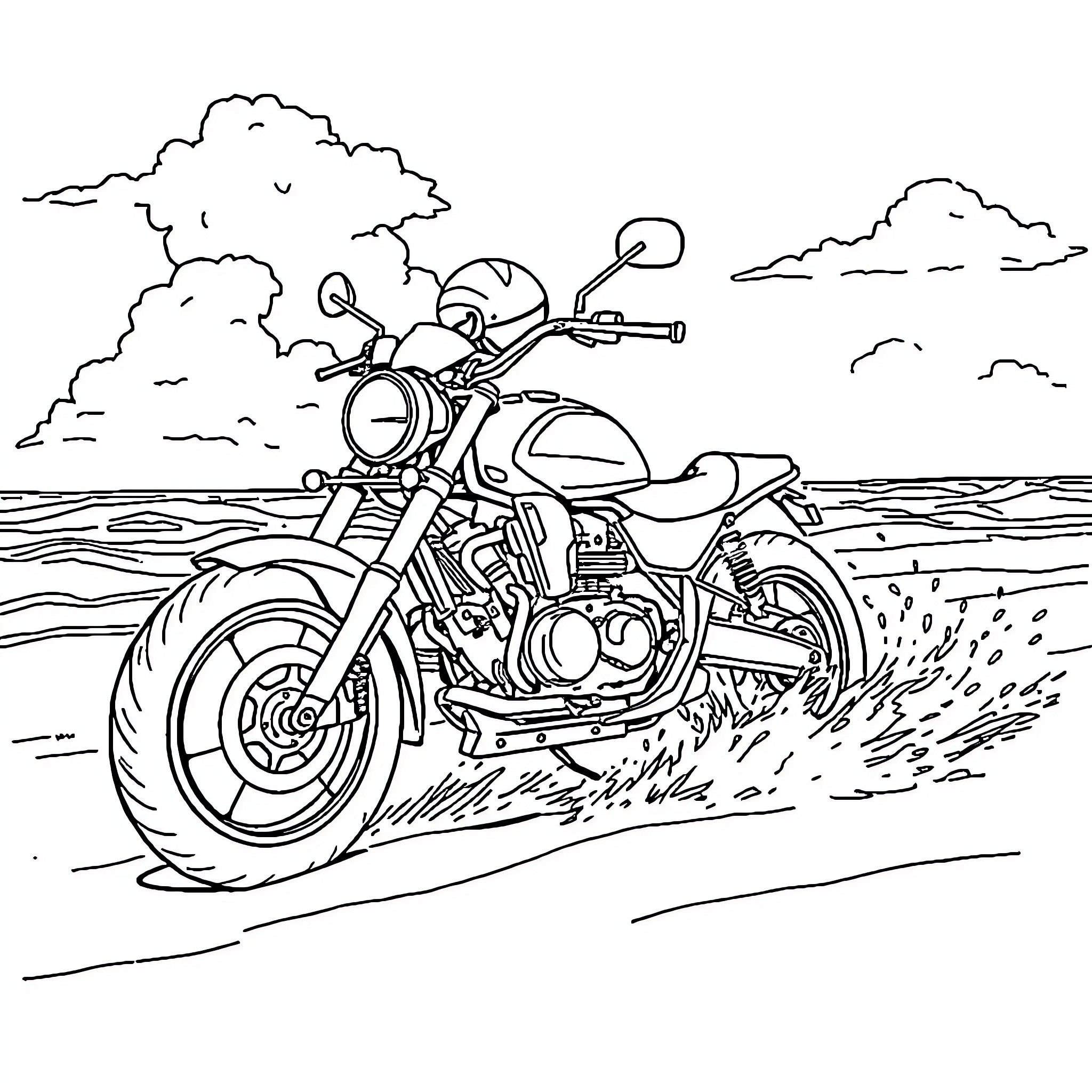 Moto cruising through scenic landscape Coloring Page (free black-and-white line drawing printable PDF for all, from beginners to advanced learners, including children, teens, adults, and seniors)