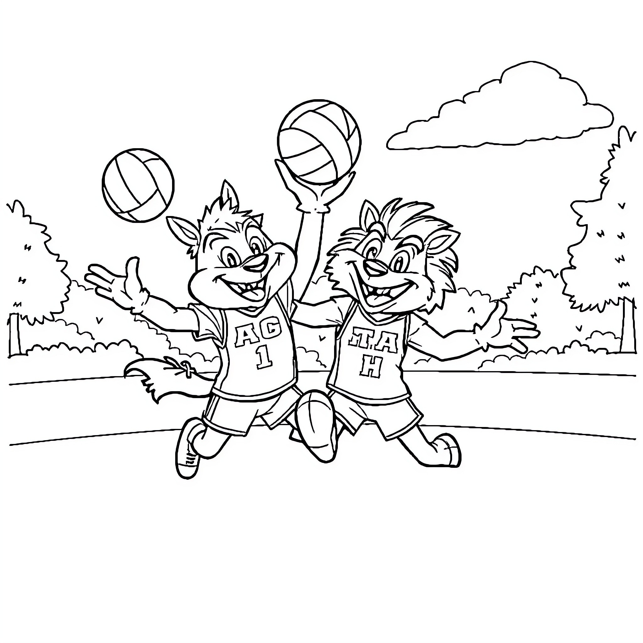 Mascot friends playing basketball joyfully Coloring Page (free black-and-white line drawing printable PDF for all, from beginners to advanced learners, including children, teens, adults, and seniors)