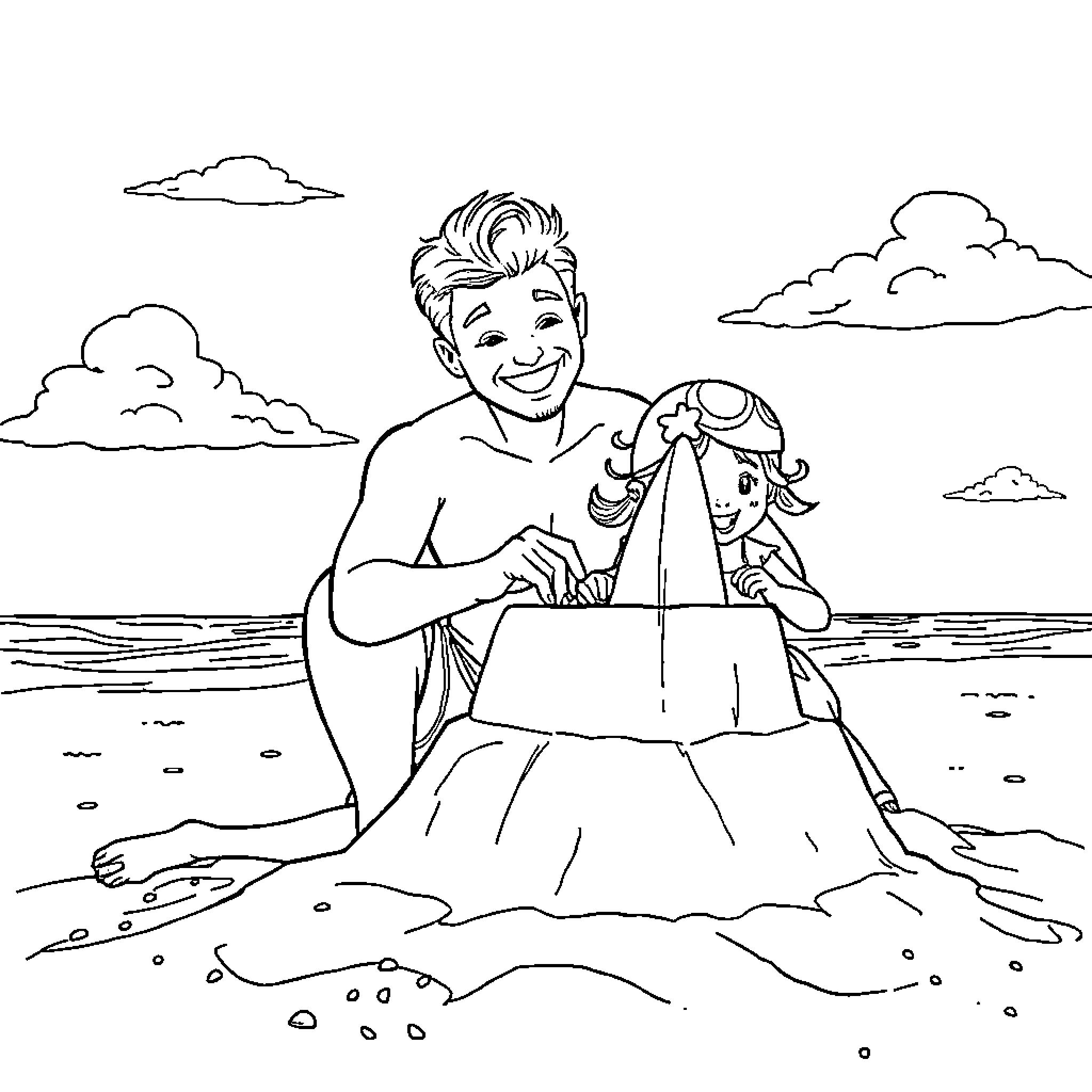 Father enjoys building a sandcastle on the beach Coloring Page (free black-and-white line drawing printable PDF for all, from beginners to advanced learners, including children, teens, adults, and seniors)