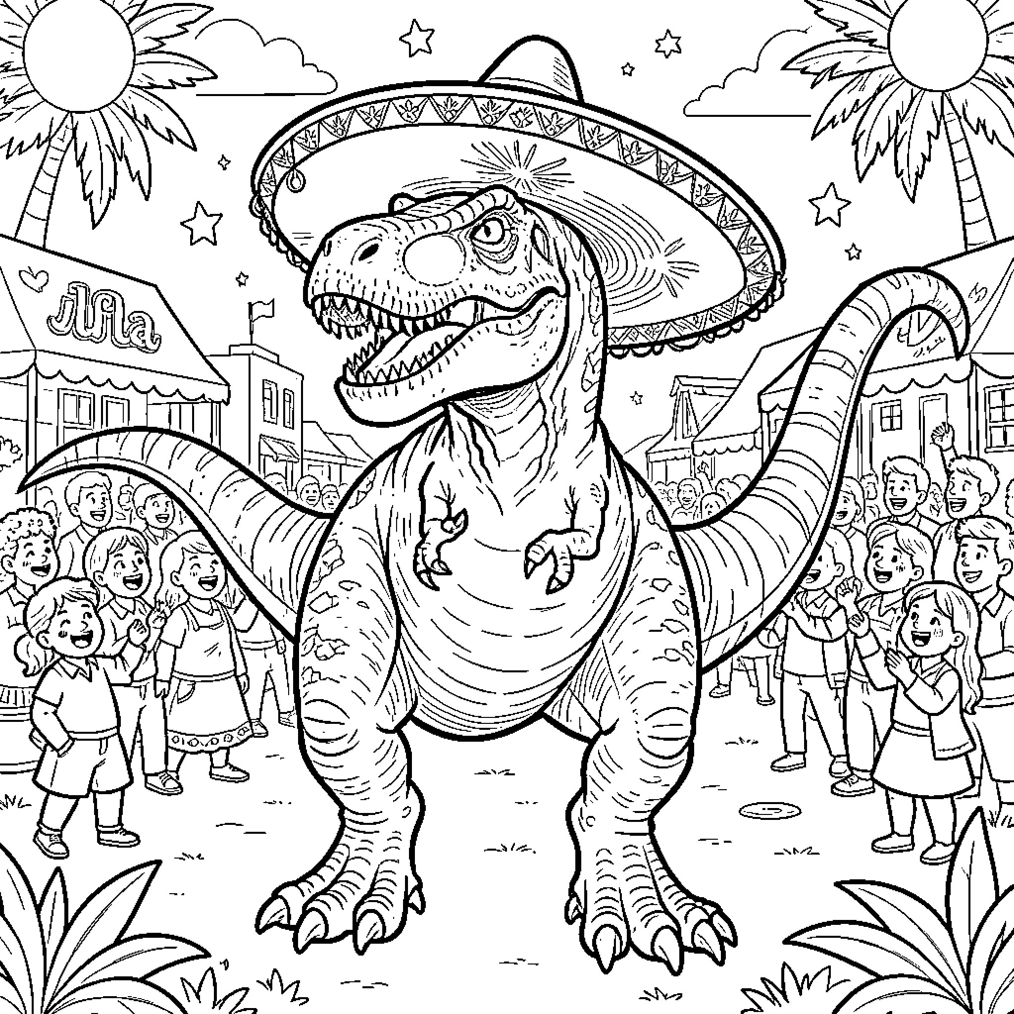T-Rex wearing a sombrero at a festive celebration Coloring Page (free black-and-white line drawing printable PDF for all, from beginners to advanced learners, including children, teens, adults, and seniors)