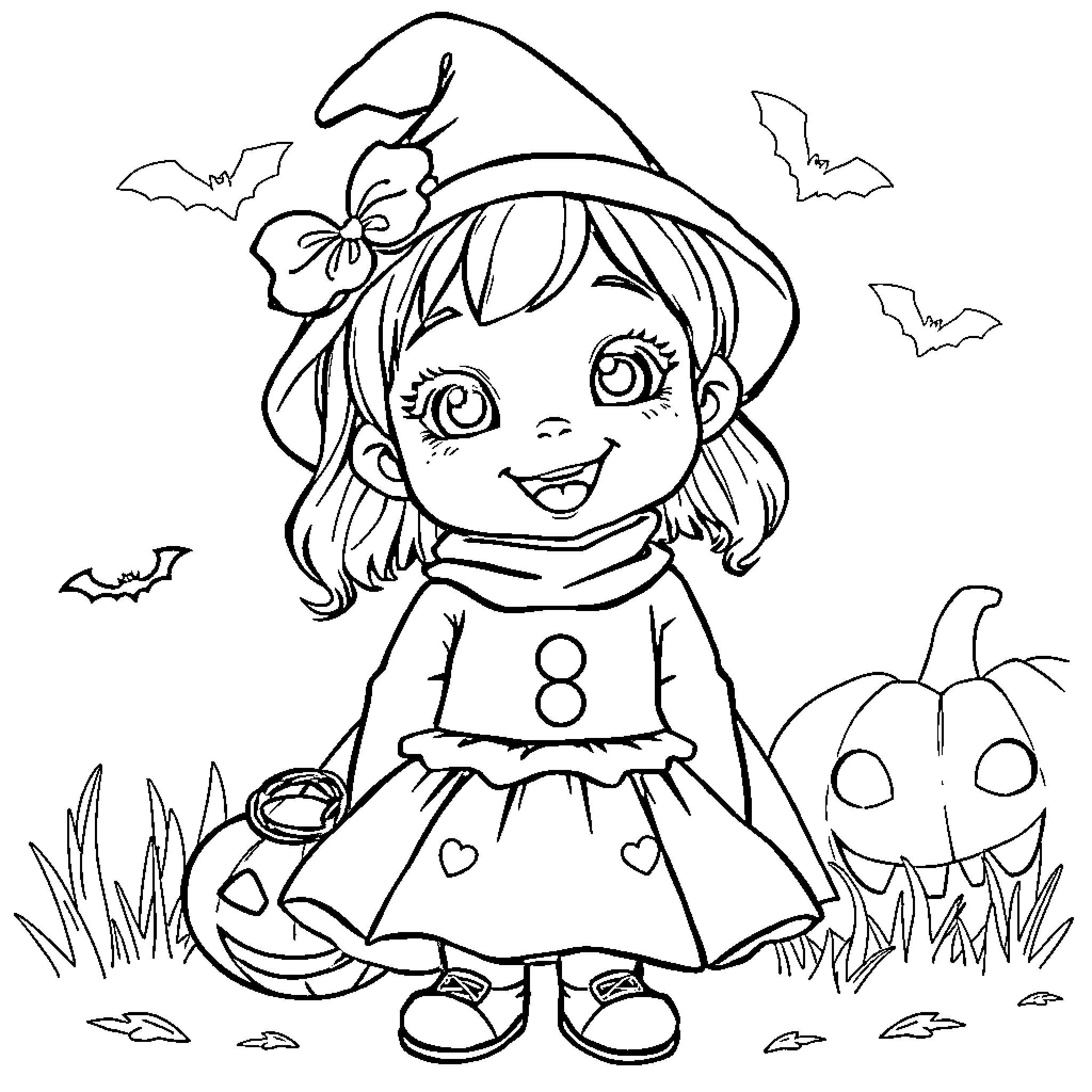 Girl in Halloween Witch Costume Playing Outdoors Coloring Page (free black-and-white line drawing printable PDF for all, from beginners to advanced learners, including children, teens, adults, and seniors)
