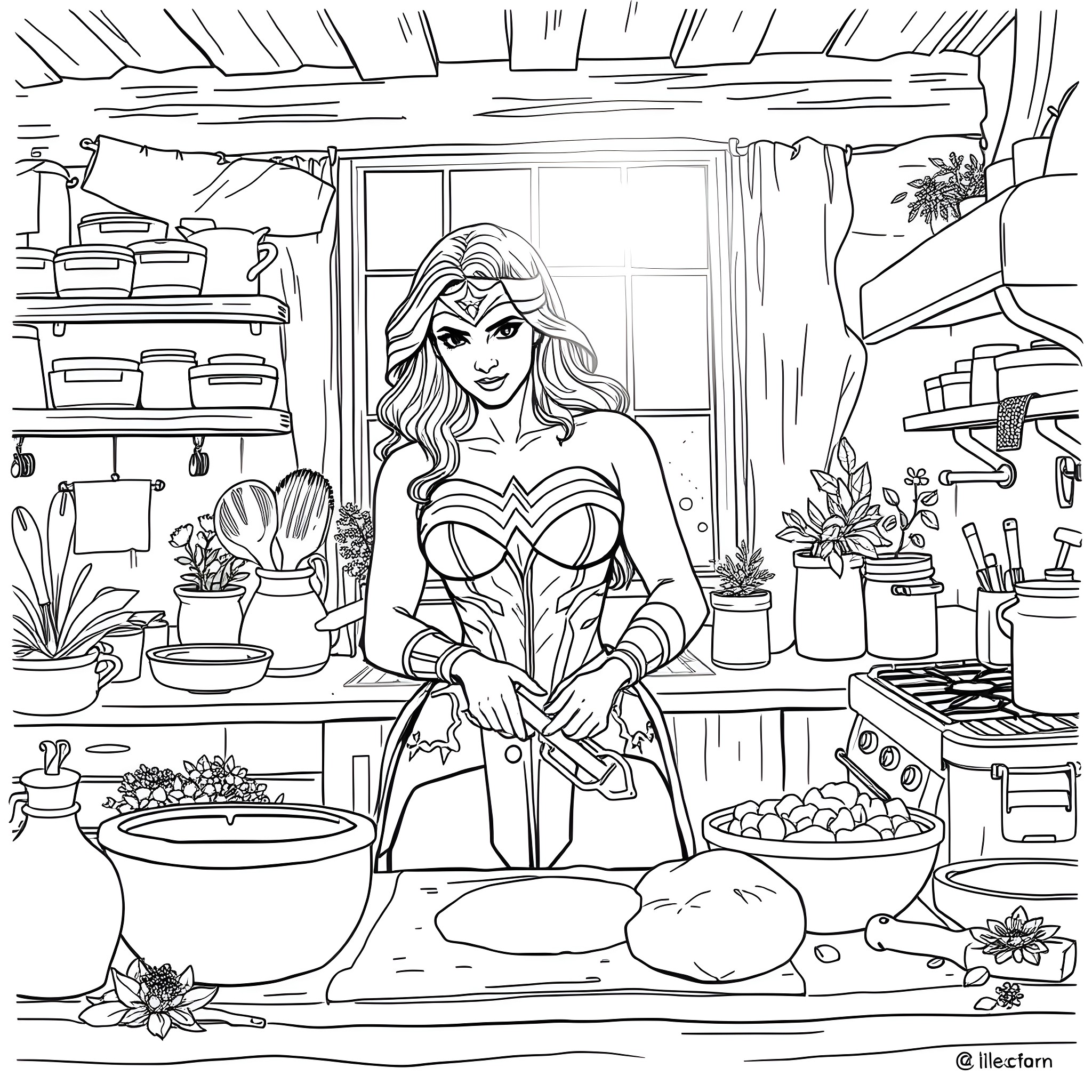 Wonder Woman Cooking in the Kitchen Coloring Page (free black-and-white line drawing printable PDF for all, from beginners to advanced learners, including children, teens, adults, and seniors)