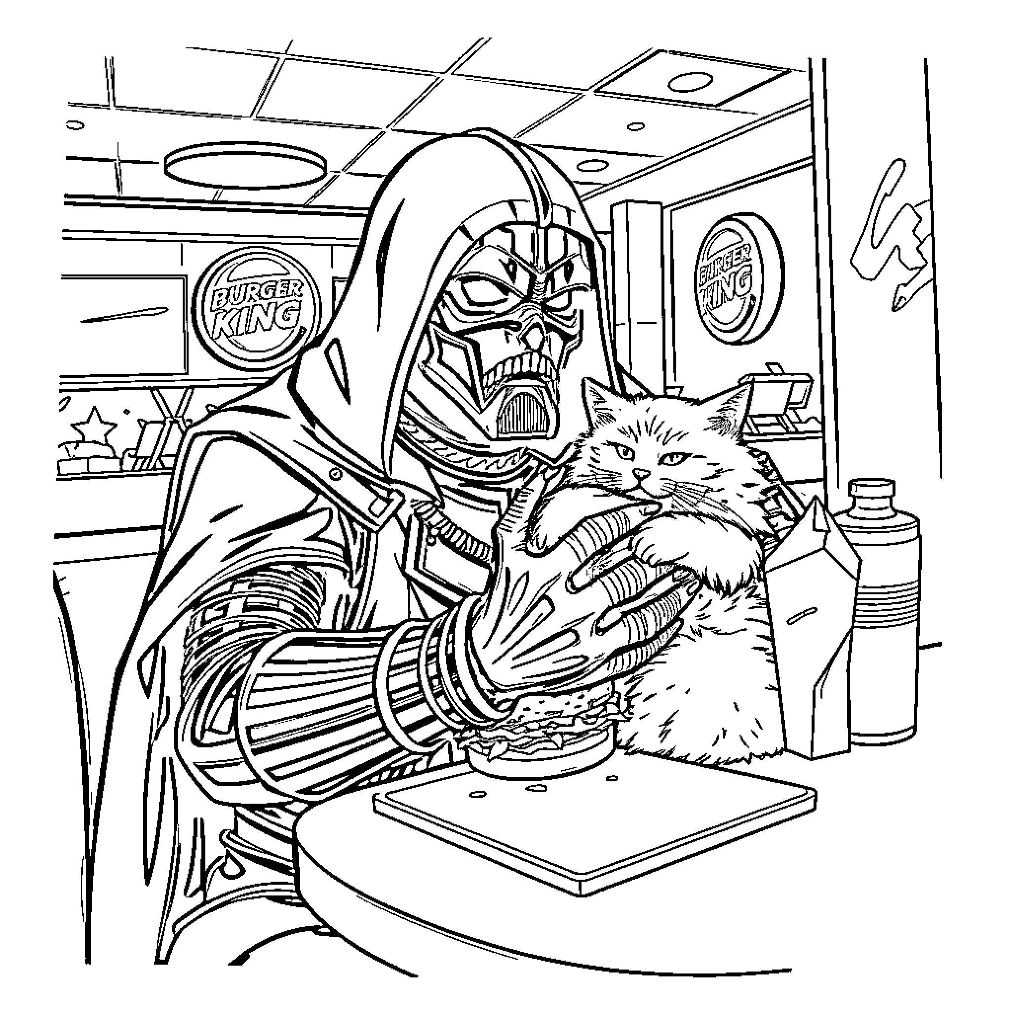 Darth Vader interacts with a cat in his starship Coloring Page (free black-and-white line drawing printable PDF for all, from beginners to advanced learners, including children, teens, adults, and seniors)