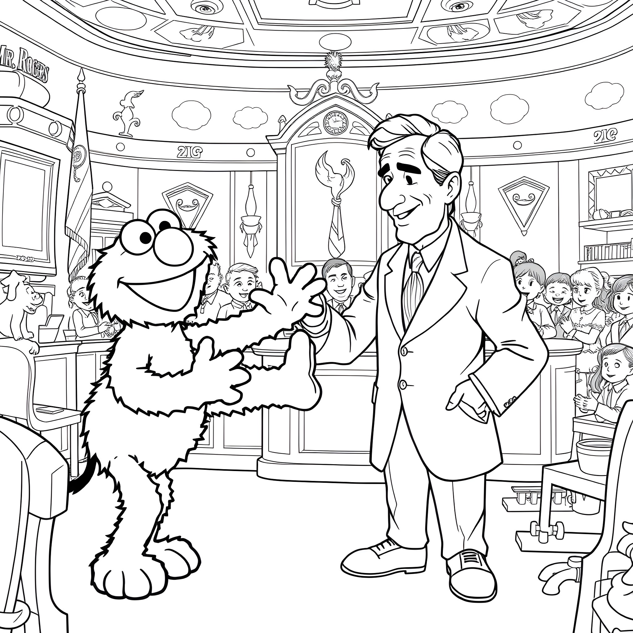 Elmo and a gentleman shaking hands in a formal setting Coloring Page (free black-and-white line drawing printable PDF for all, from beginners to advanced learners, including children, teens, adults, and seniors)