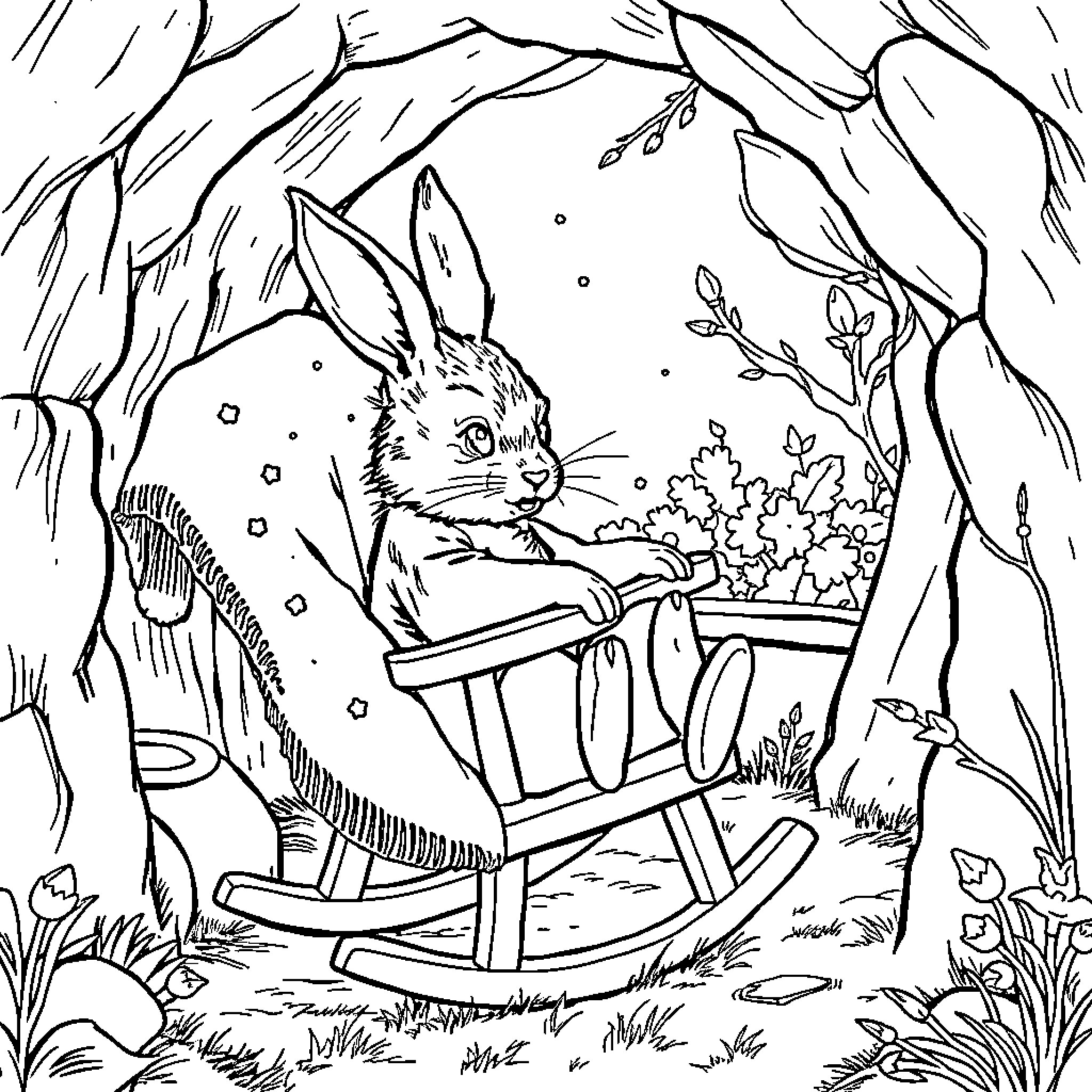 Peter Rabbit relaxing in a rocking chair in the forest Coloring Page (free black-and-white line drawing printable PDF for all, from beginners to advanced learners, including children, teens, adults, and seniors)