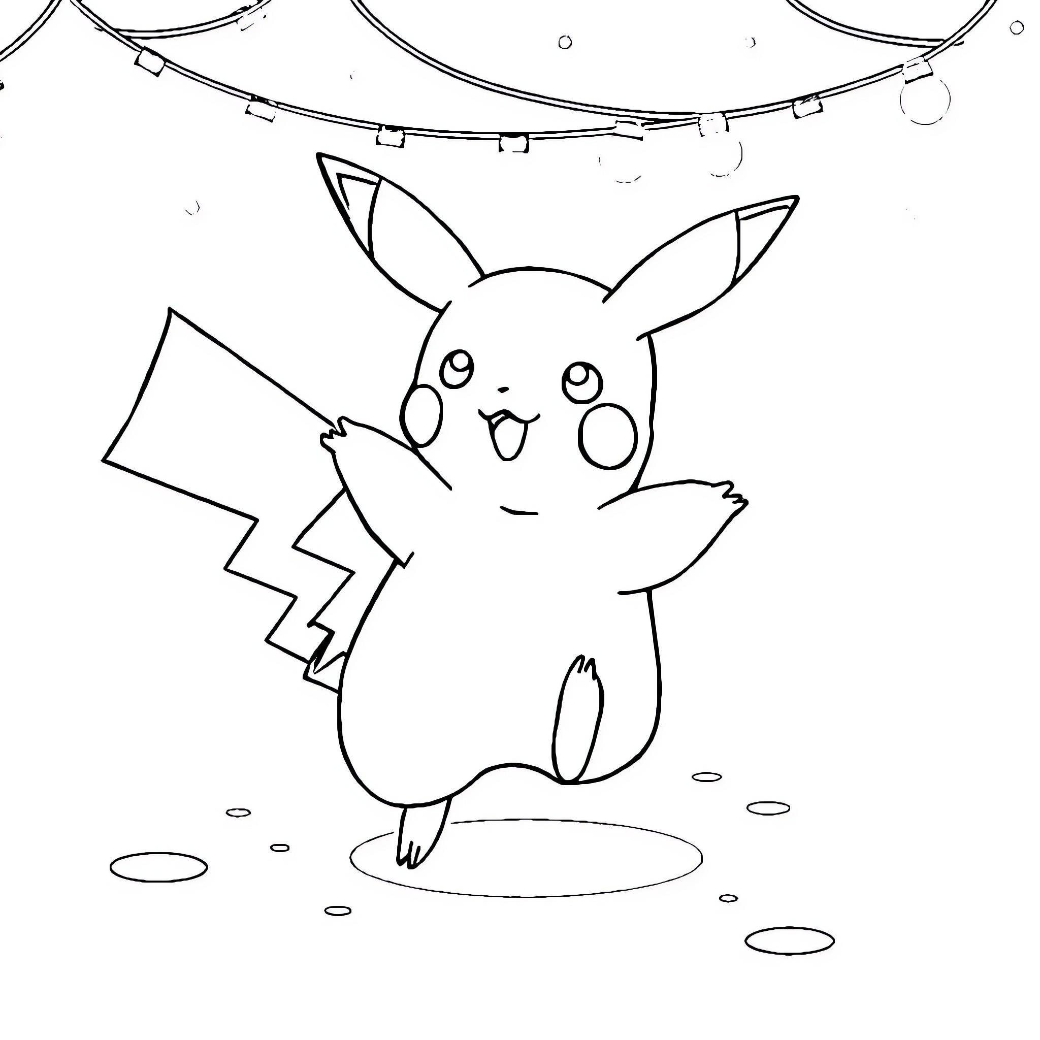 Pikachu playing cheerfully in the park Coloring Page (free black-and-white line drawing printable PDF for all, from beginners to advanced learners, including children, teens, adults, and seniors)