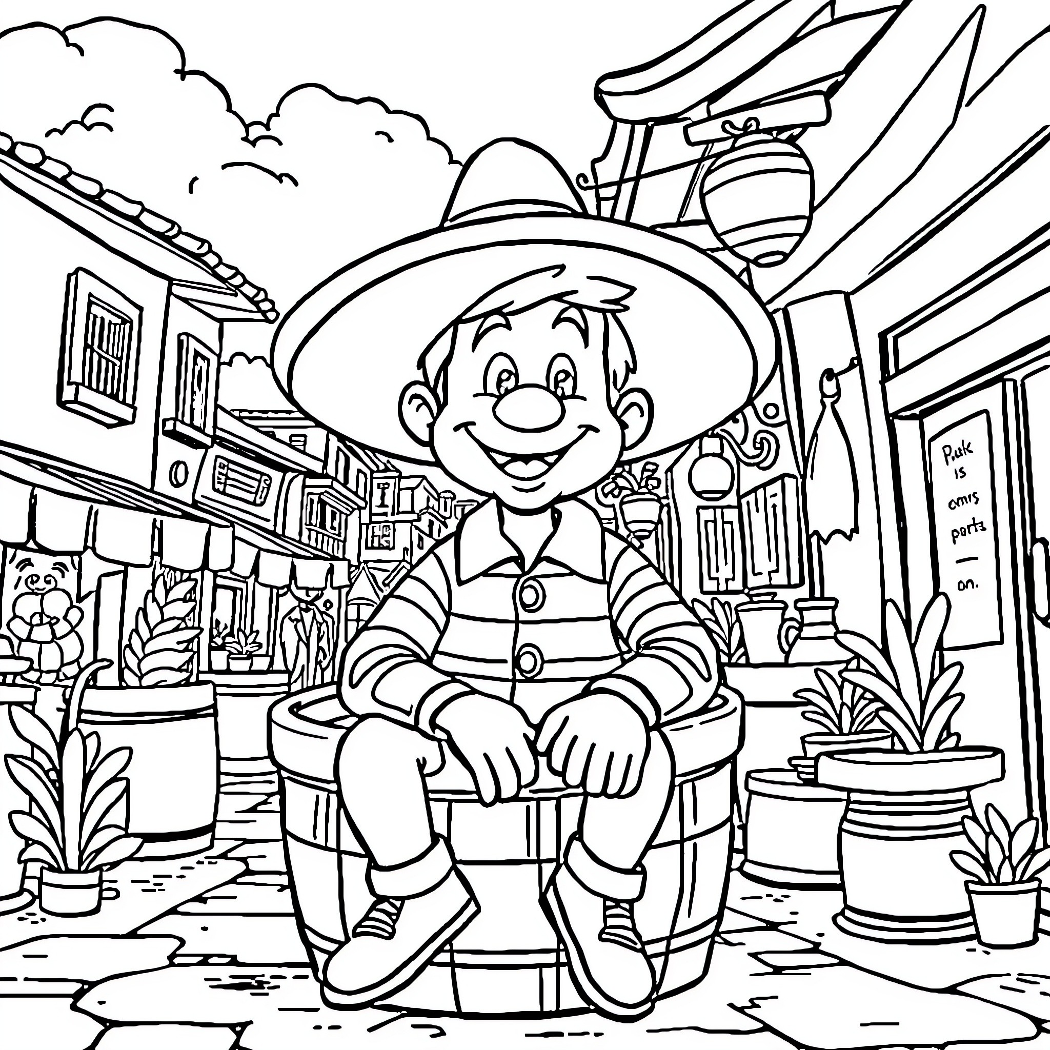 El Chavo enjoying a day in the neighborhood Coloring Page (free black-and-white line drawing printable PDF for all, from beginners to advanced learners, including children, teens, adults, and seniors)