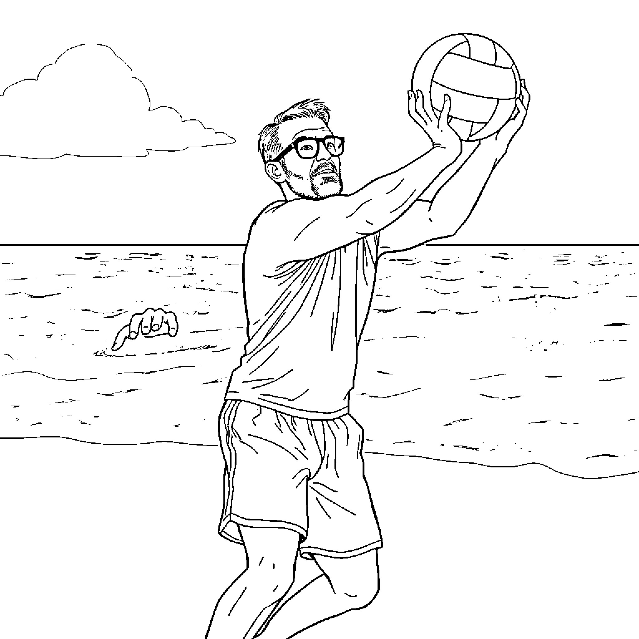 Hannibal Lecter playing volleyball by the beach Coloring Page (free black-and-white line drawing printable PDF for all, from beginners to advanced learners, including children, teens, adults, and seniors)