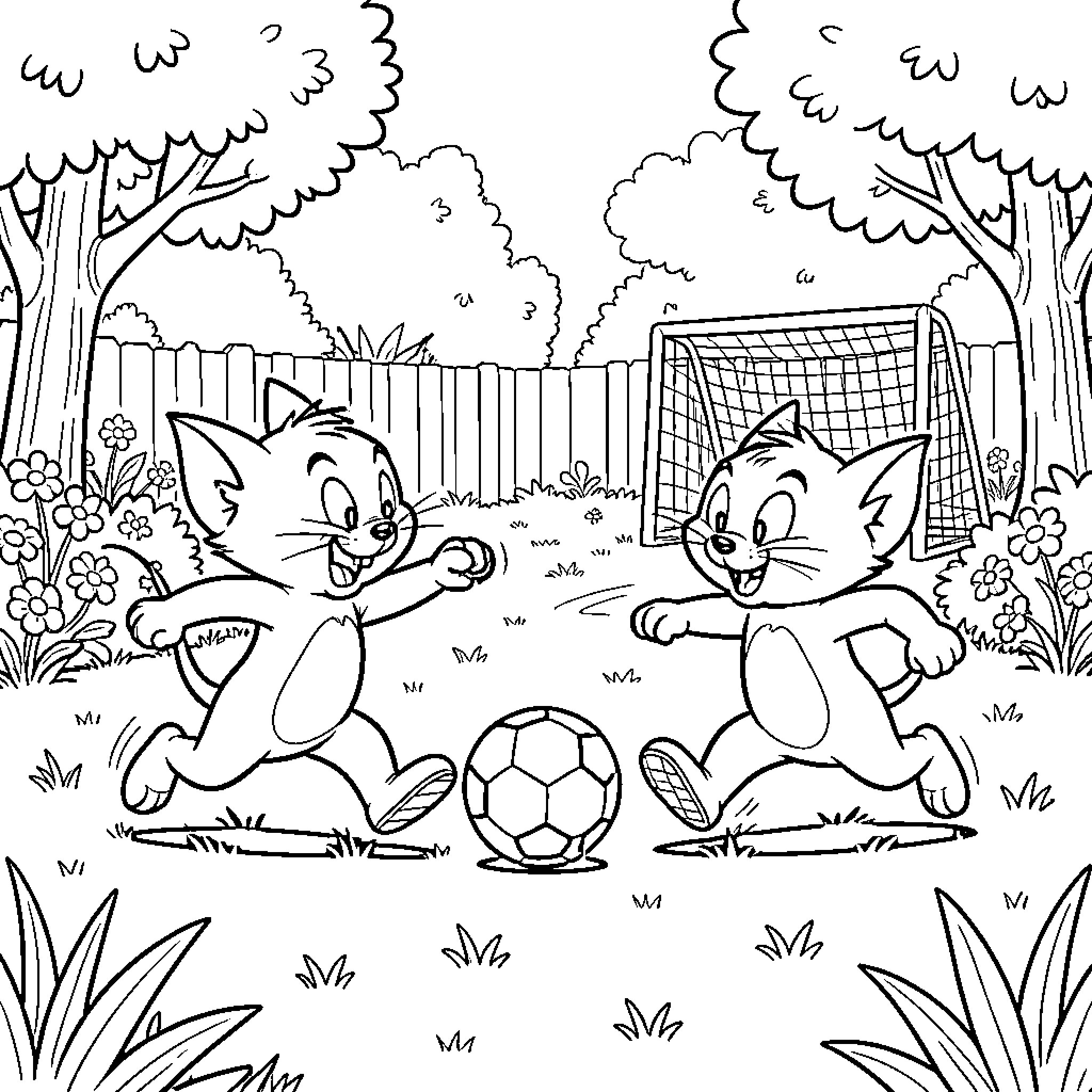 Tom and Jerry playing soccer in a backyard Coloring Page (free black-and-white line drawing printable PDF for all, from beginners to advanced learners, including children, teens, adults, and seniors)