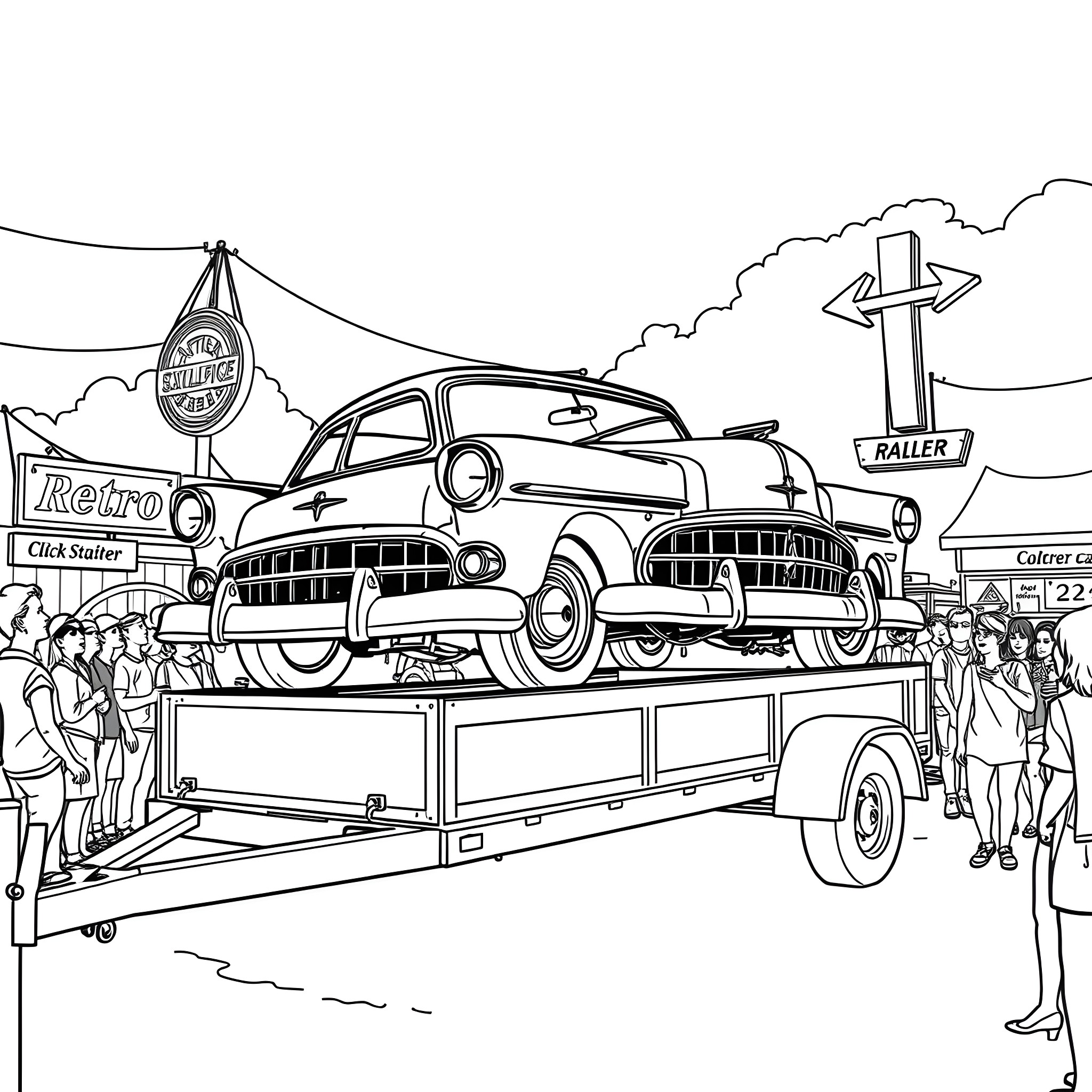Car retro auto show with crowd and signage Coloring Page (free black-and-white line drawing printable PDF for all, from beginners to advanced learners, including children, teens, adults, and seniors)