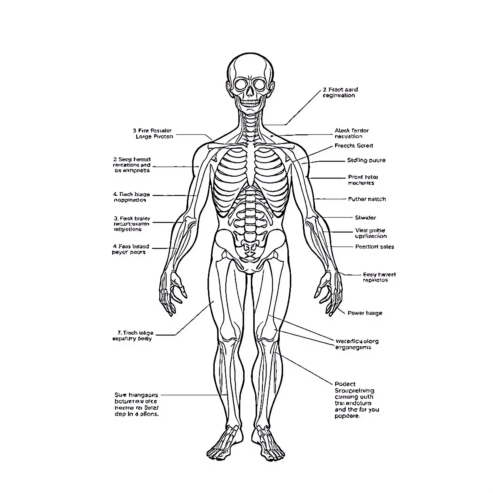 Human Anatomy: Labeled Skeletal System Diagram Coloring Page (free black-and-white line drawing printable PDF for all, from beginners to advanced learners, including children, teens, adults, and seniors)