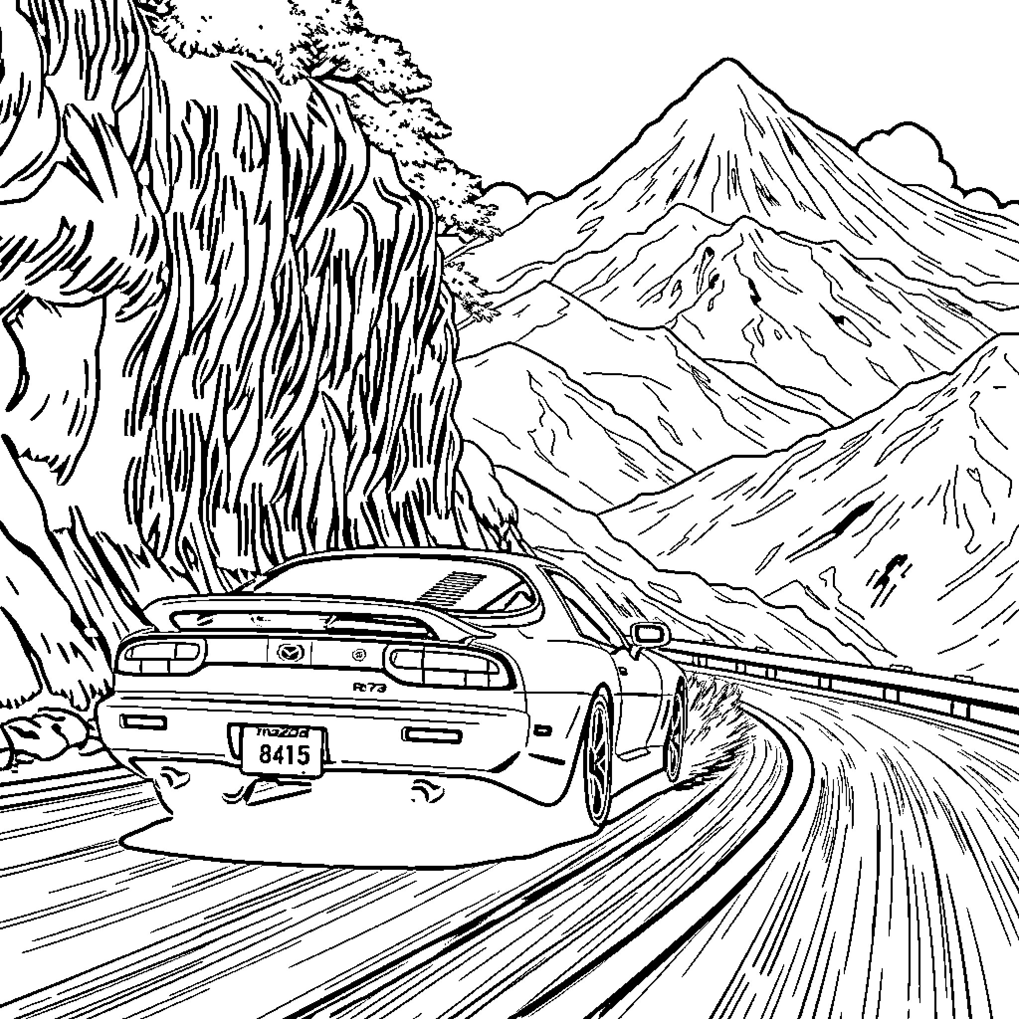 Mazda RX-7 racing through mountain roads Coloring Page (free black-and-white line drawing printable PDF for all, from beginners to advanced learners, including children, teens, adults, and seniors)