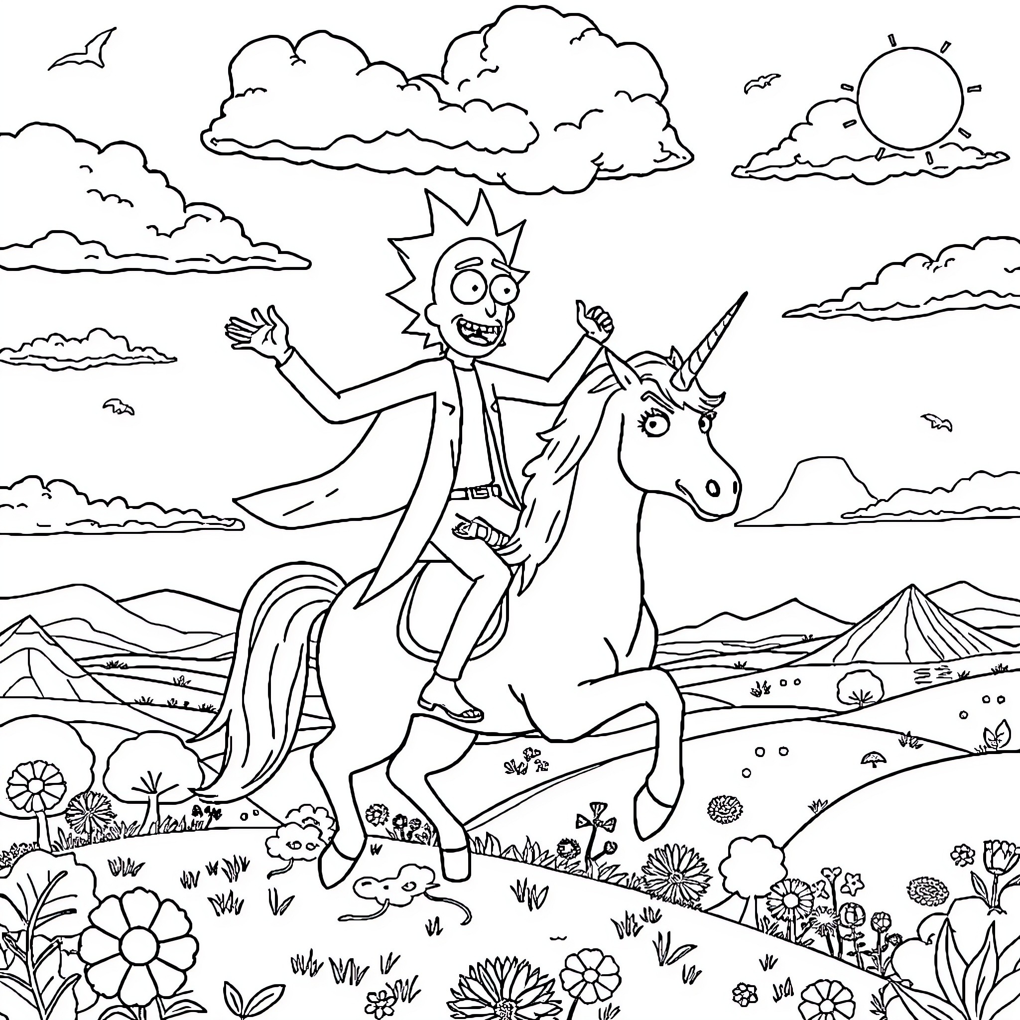 Rick And Morty's Adventurous Ride Through Fantastical Landscapes Coloring Page (free black-and-white line drawing printable PDF for all, from beginners to advanced learners, including children, teens, adults, and seniors)
