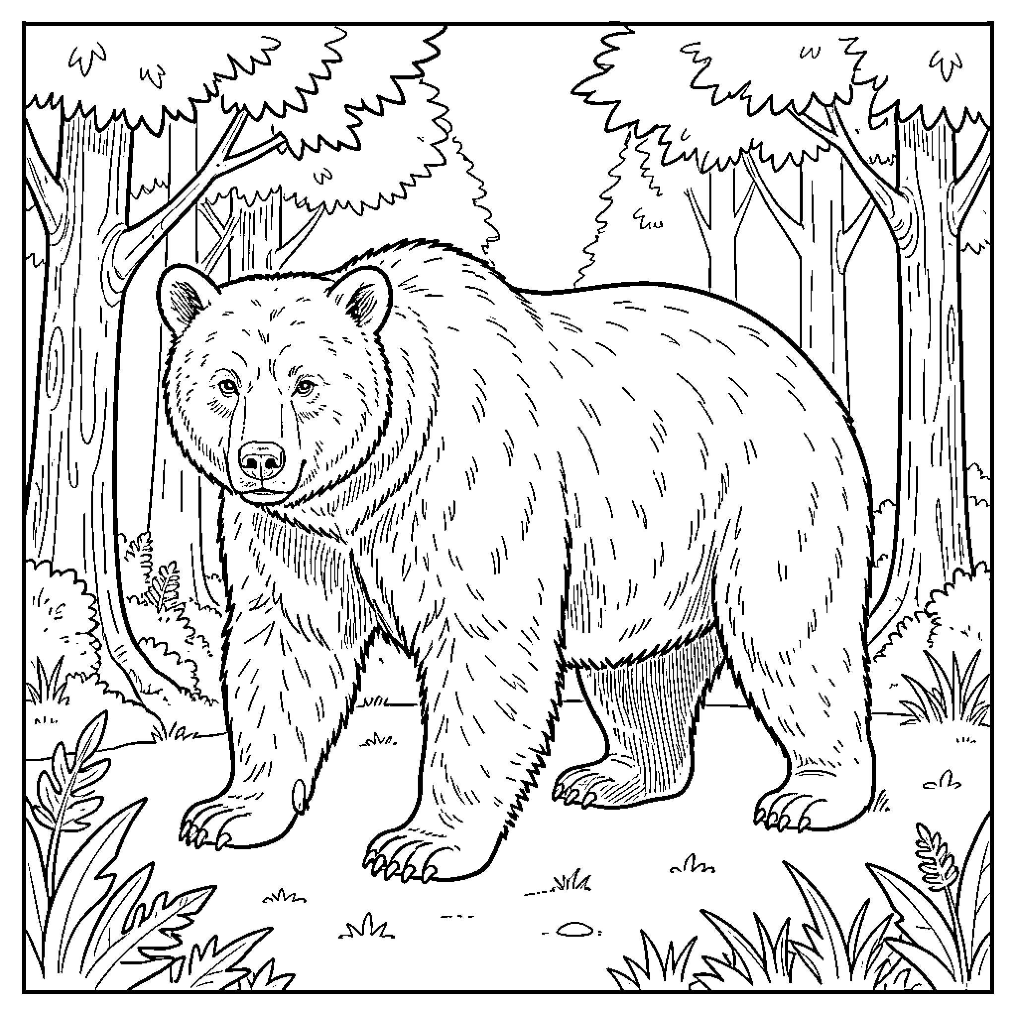 Bear exploring the tranquil forest landscape Coloring Page (free black-and-white line drawing printable PDF for all, from beginners to advanced learners, including children, teens, adults, and seniors)