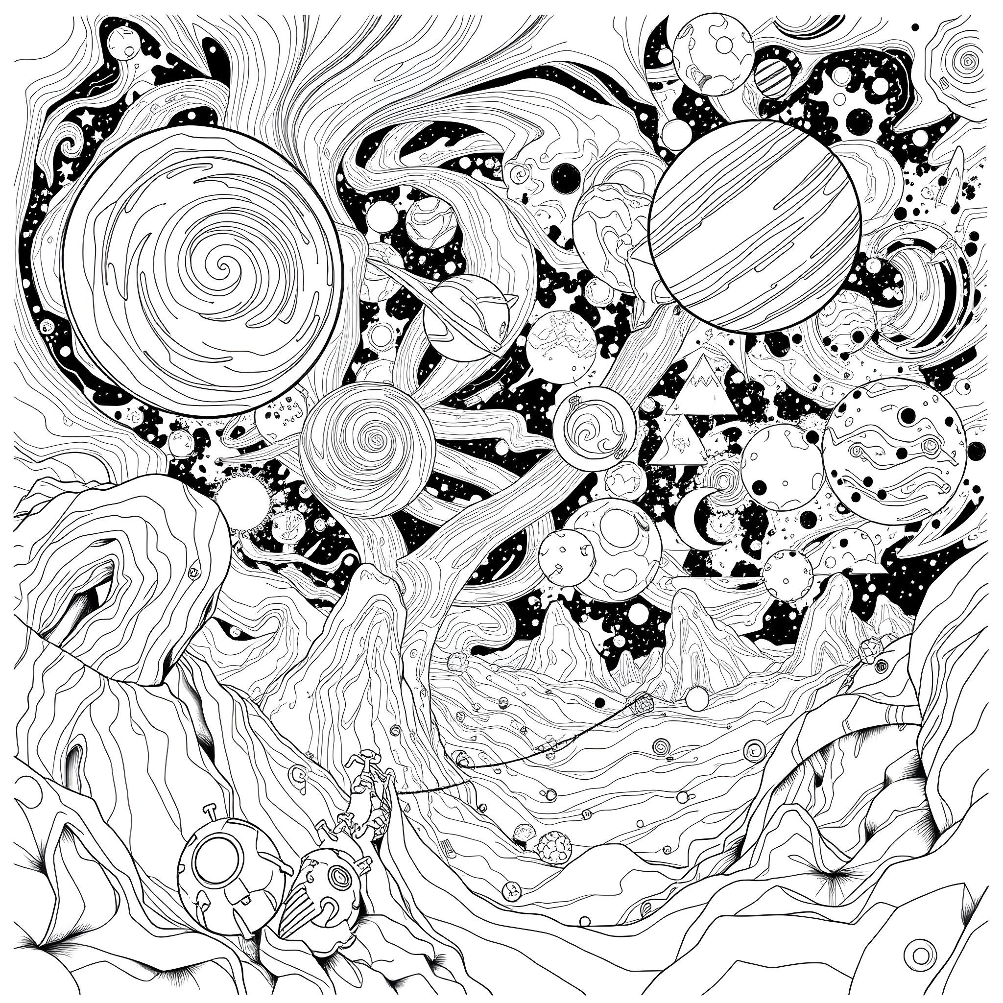 Space Swirls and Celestial Formations Coloring Page (free black-and-white line drawing printable PDF for all, from beginners to advanced learners, including children, teens, adults, and seniors)