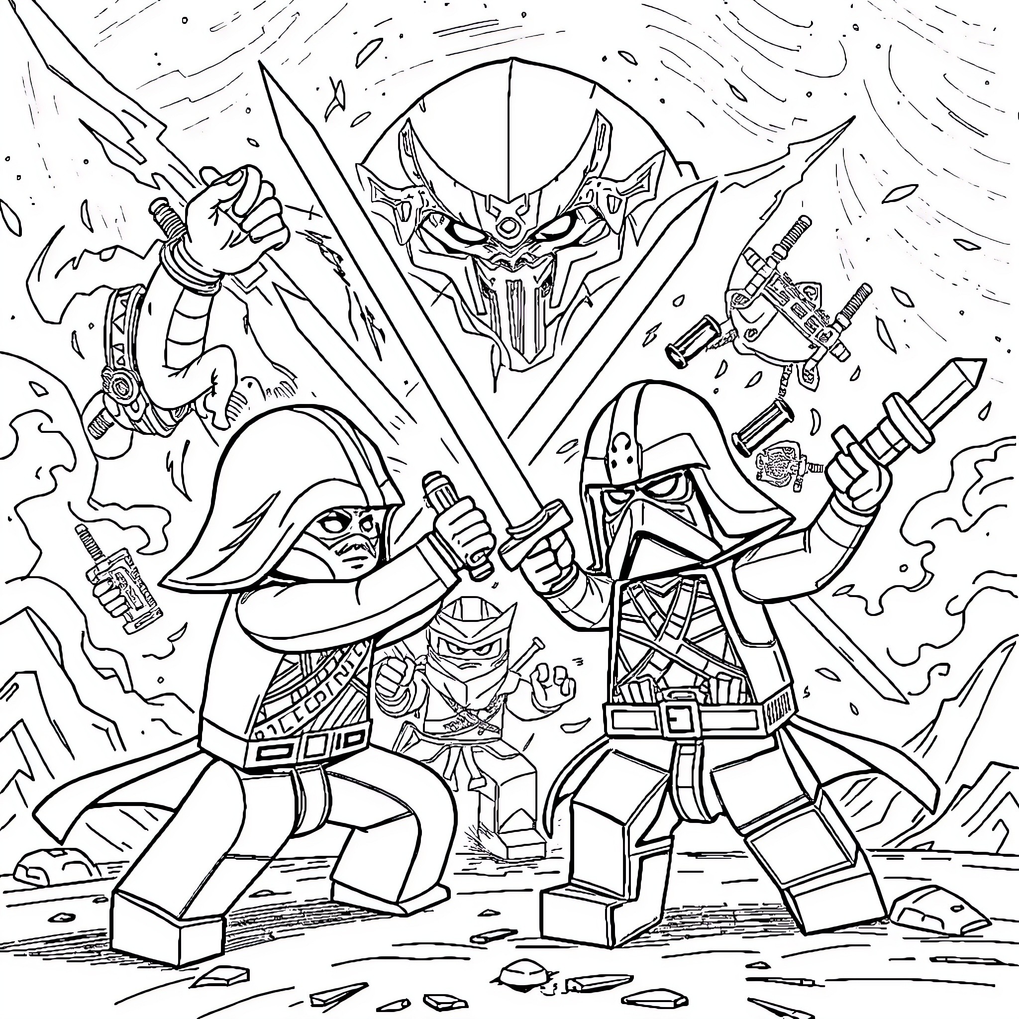 Star Wars: Epic Battle of Lego Heroes and Villains Coloring Page (free black-and-white line drawing printable PDF for all, from beginners to advanced learners, including children, teens, adults, and seniors)