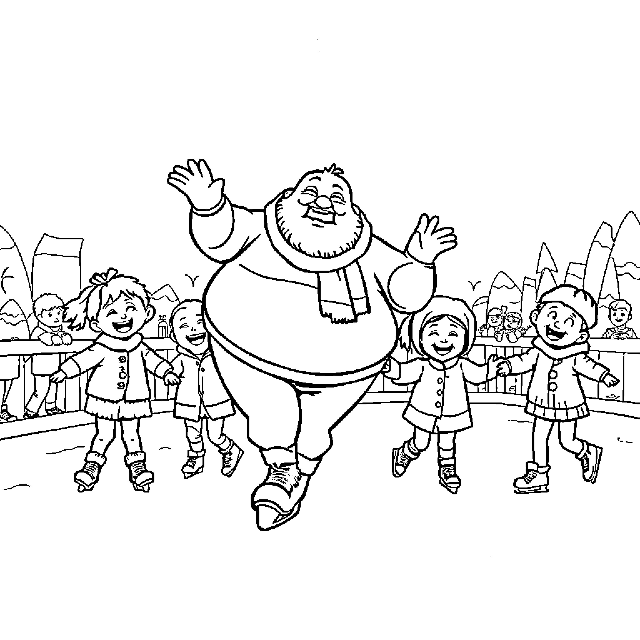 Man in Festive Attire Surrounded by Joyful Children Coloring Page (free black-and-white line drawing printable PDF for all, from beginners to advanced learners, including children, teens, adults, and seniors)
