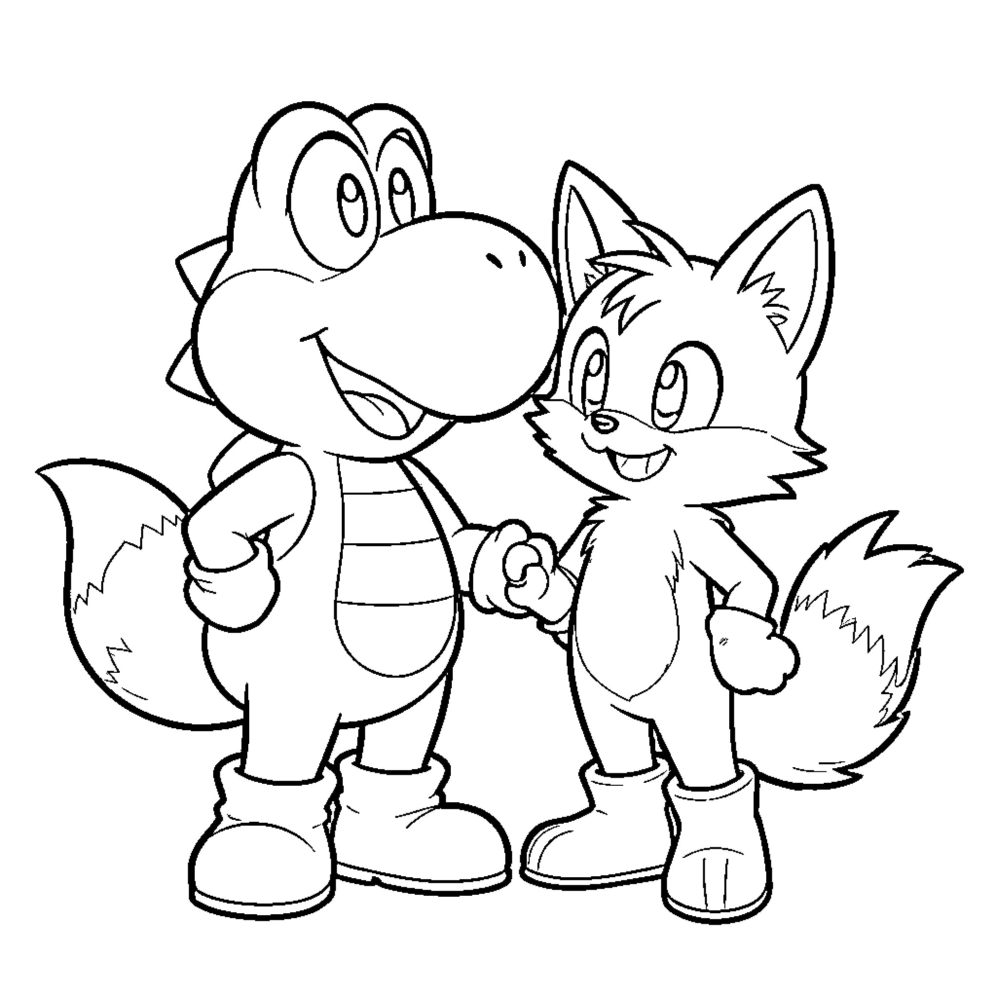 Yoshi holding hands with a friendly fox character Coloring Page (free black-and-white line drawing printable PDF for all, from beginners to advanced learners, including children, teens, adults, and seniors)