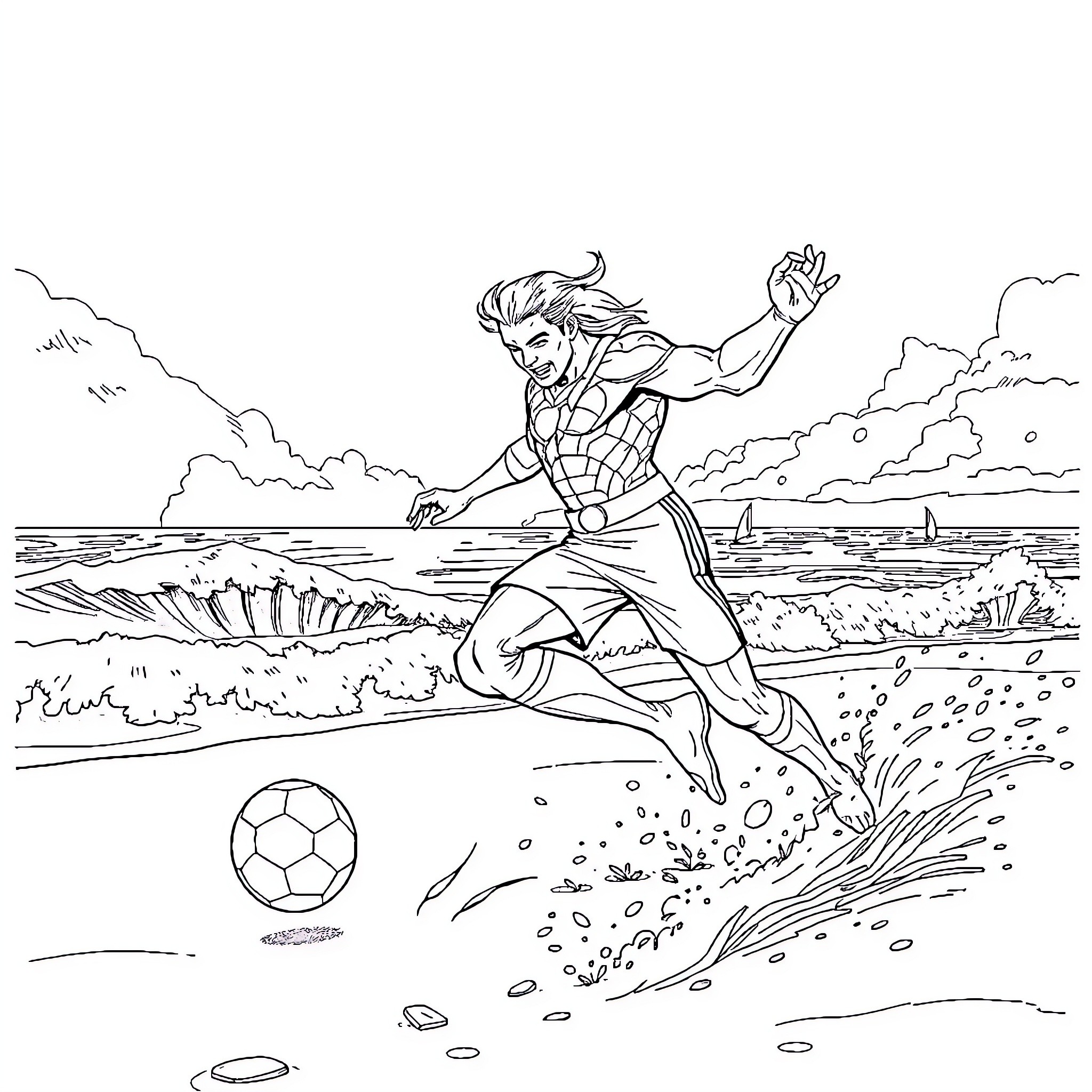 Aquaman kicking a soccer ball in a stormy ocean Coloring Page (free black-and-white line drawing printable PDF for all, from beginners to advanced learners, including children, teens, adults, and seniors)