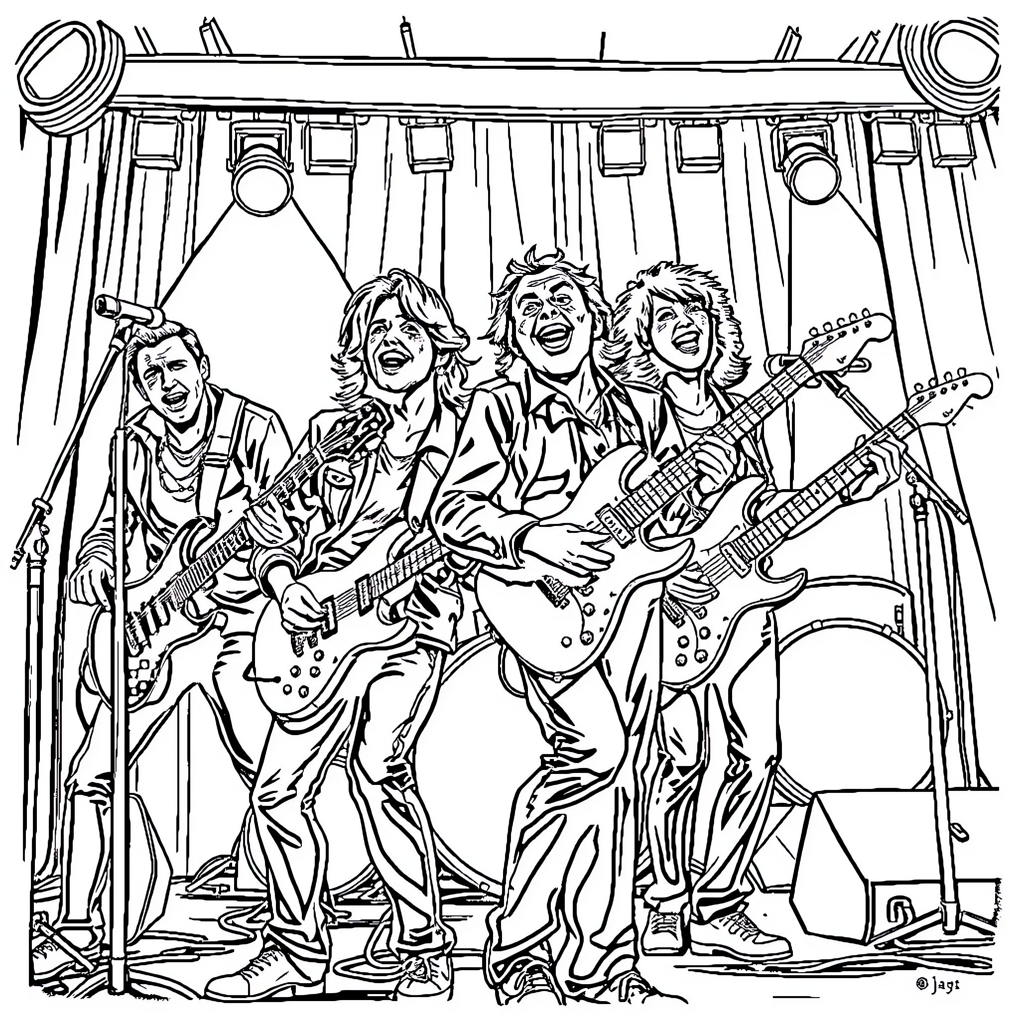Alegría of a Rock Band's Lively Performance Coloring Page (free black-and-white line drawing printable PDF for all, from beginners to advanced learners, including children, teens, adults, and seniors)
