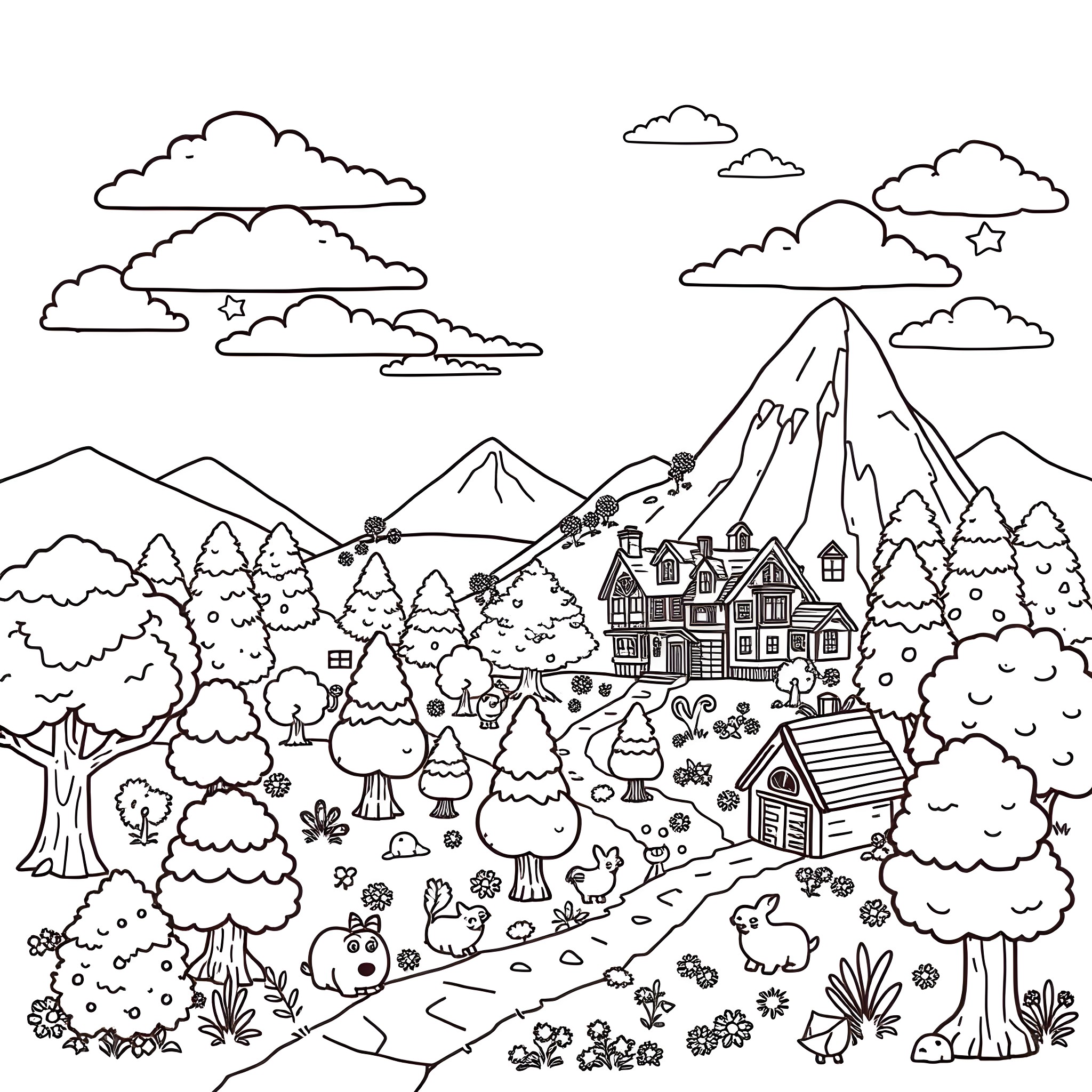 Pixel Scenic Mountain Landscape with Trees and Cottages Coloring Page (free black-and-white line drawing printable PDF for all, from beginners to advanced learners, including children, teens, adults, and seniors)