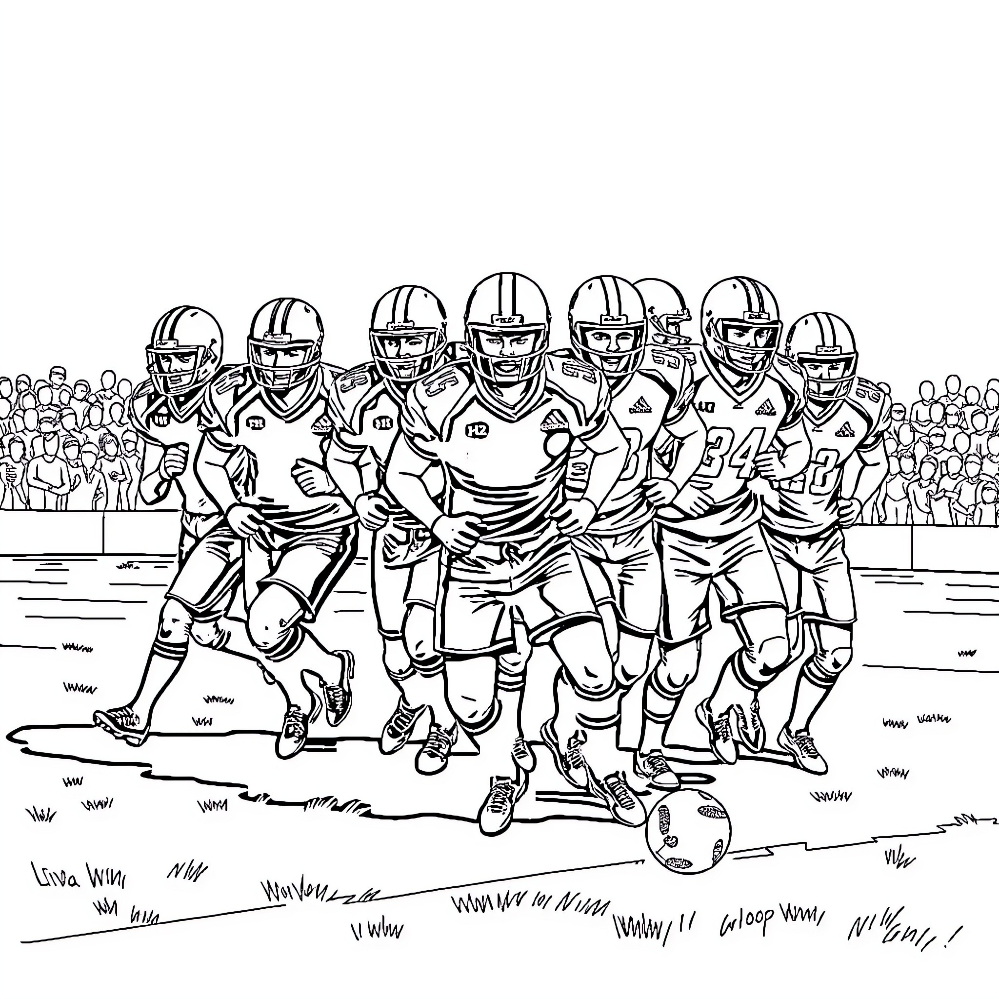 Team of football players in action on the field Coloring Page (free black-and-white line drawing printable PDF for all, from beginners to advanced learners, including children, teens, adults, and seniors)