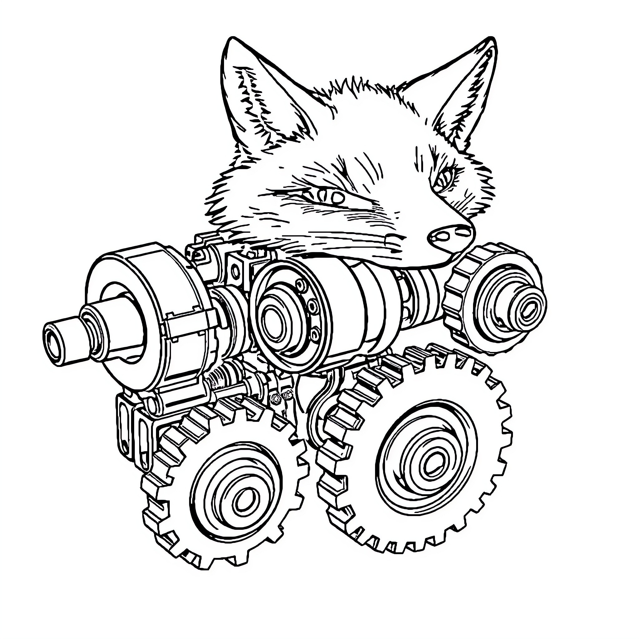 Fox mechanical machine in action Coloring Page (free black-and-white line drawing printable PDF for all, from beginners to advanced learners, including children, teens, adults, and seniors)