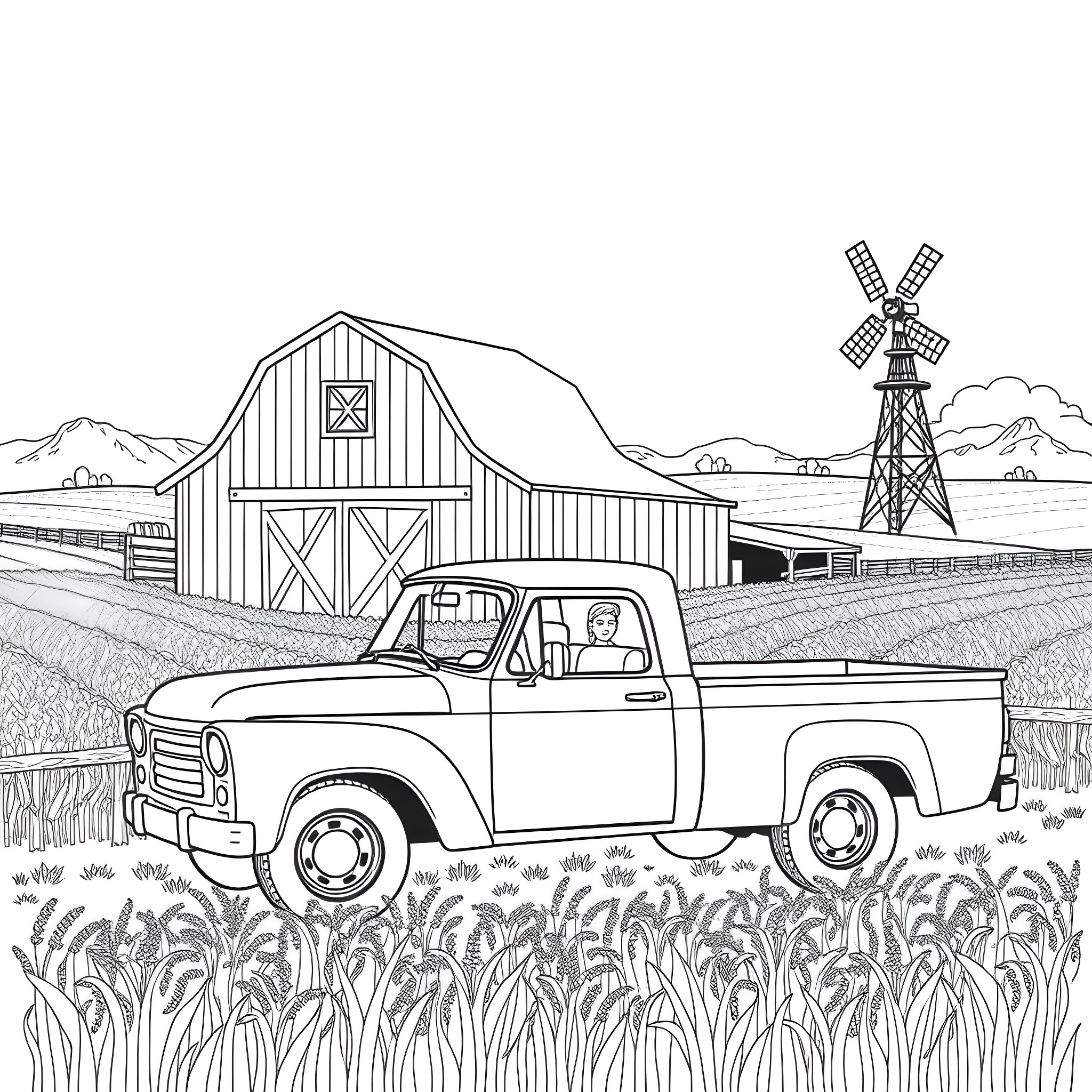 Pickup truck driving through rural countryside Coloring Page (free black-and-white line drawing printable PDF for all, from beginners to advanced learners, including children, teens, adults, and seniors)
