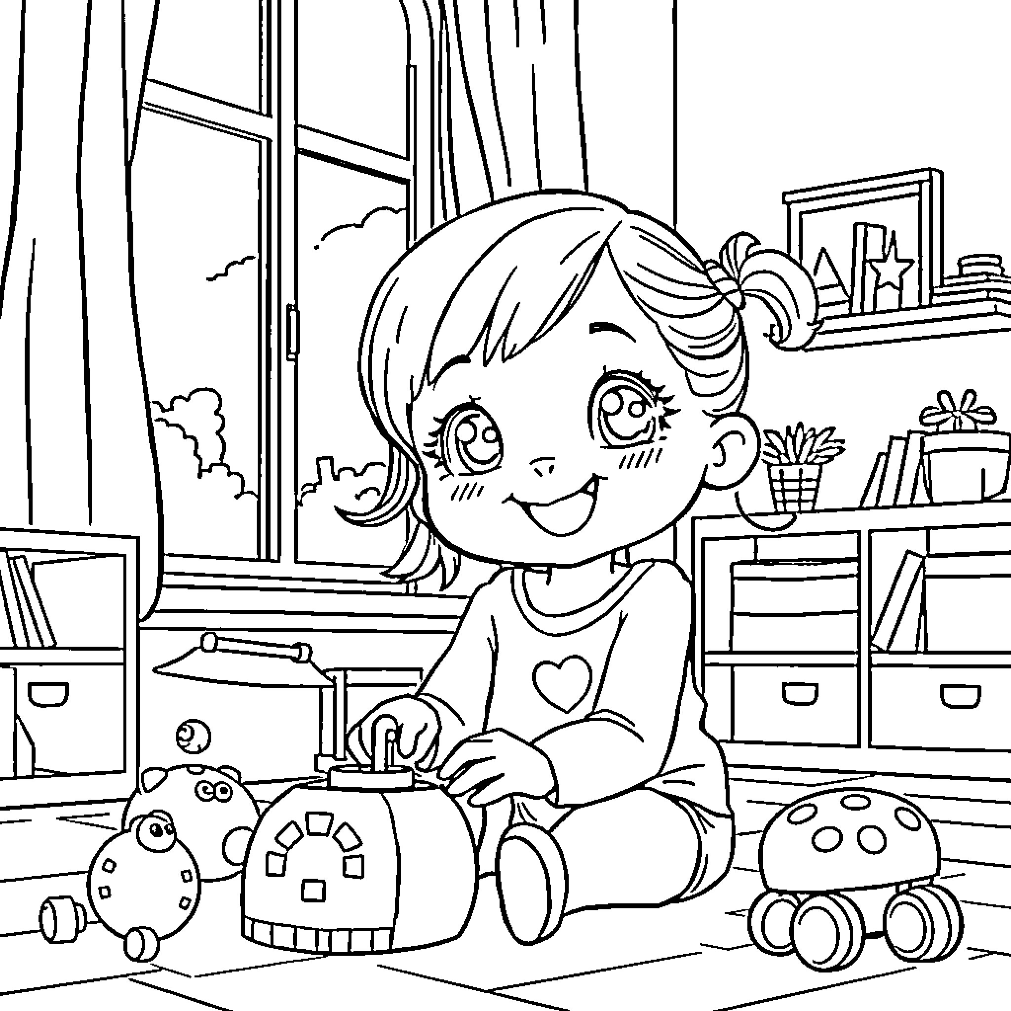 Girl playing with toys in her bedroom Coloring Page (free black-and-white line drawing printable PDF for all, from beginners to advanced learners, including children, teens, adults, and seniors)