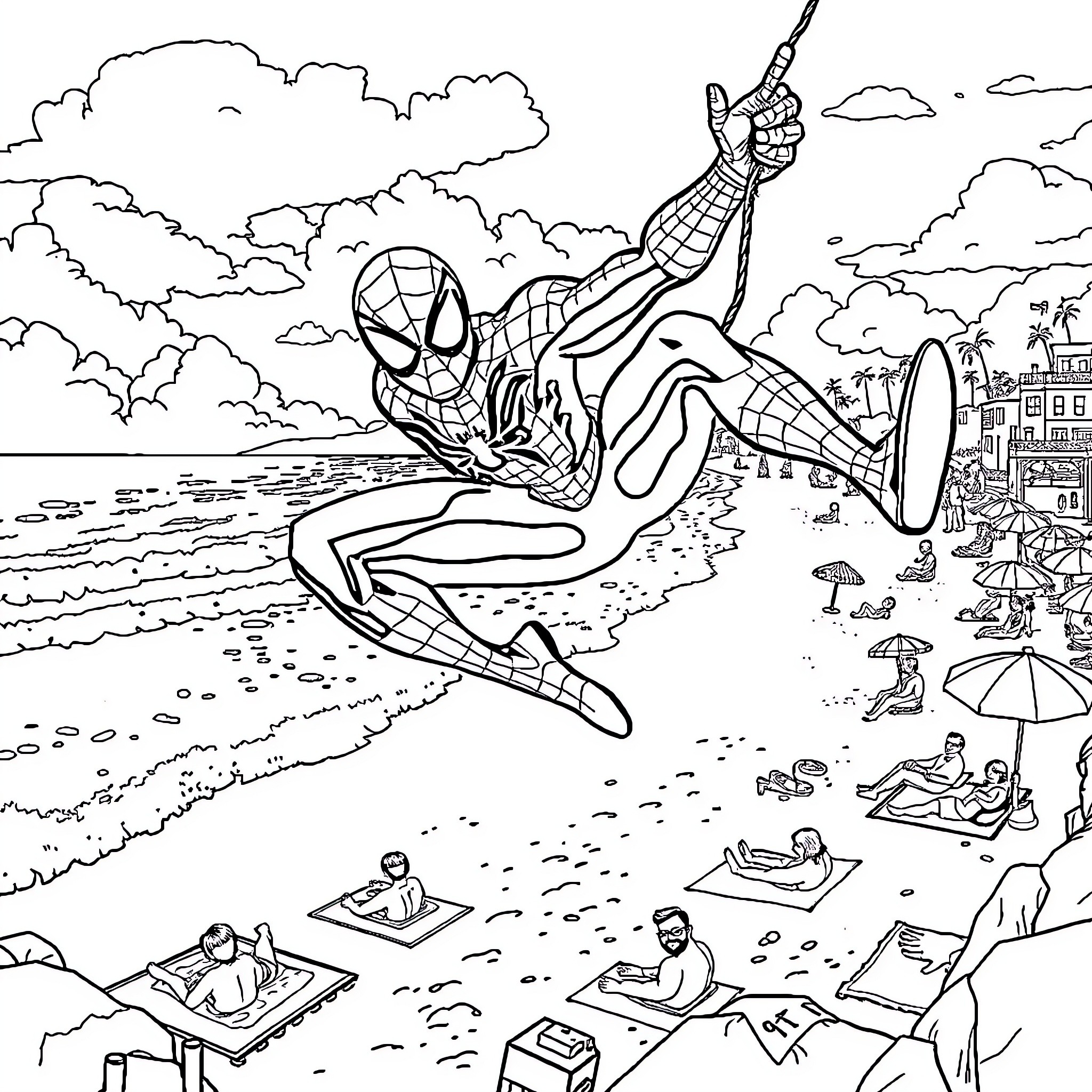 Spiderman swinging through the city above beachgoers Coloring Page (free black-and-white line drawing printable PDF for all, from beginners to advanced learners, including children, teens, adults, and seniors)