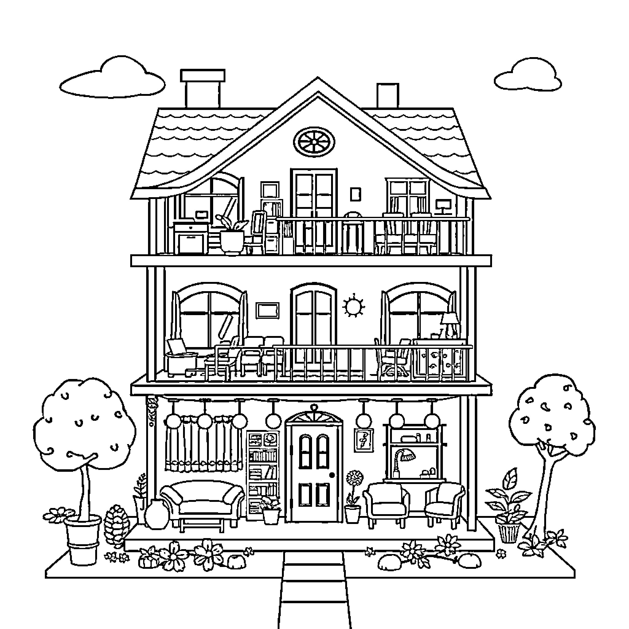 Dollhouse with cozy interior scenes Coloring Page (free black-and-white line drawing printable PDF for all, from beginners to advanced learners, including children, teens, adults, and seniors)