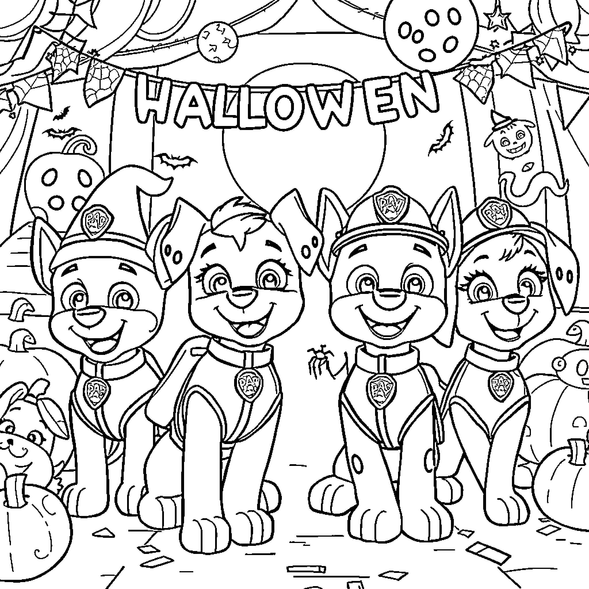 Paw Patrol Celebrating Halloween with Decorations Coloring Page (free black-and-white line drawing printable PDF for all, from beginners to advanced learners, including children, teens, adults, and seniors)