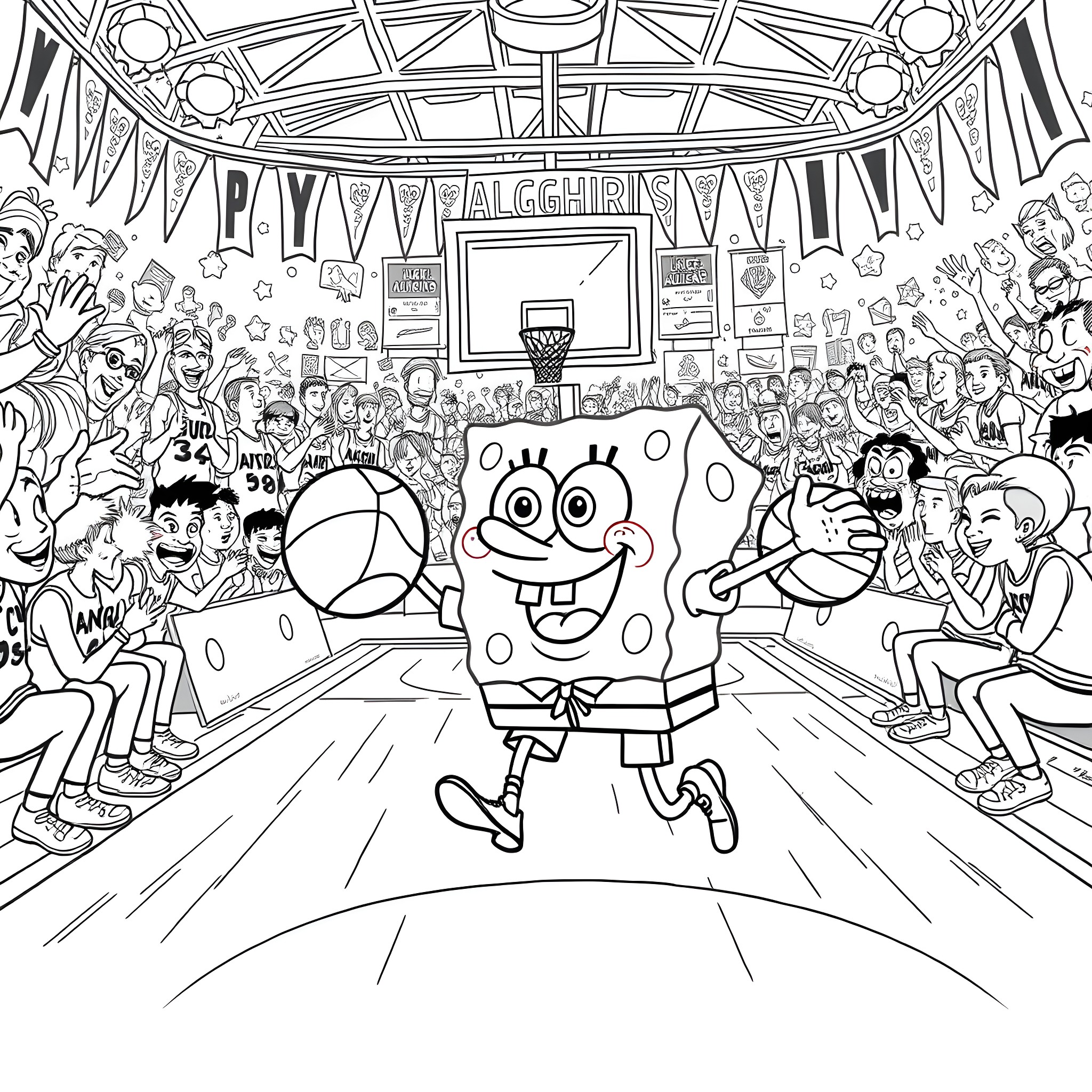 Spongebob playing basketball in a crowded gymnasium Coloring Page (free black-and-white line drawing printable PDF for all, from beginners to advanced learners, including children, teens, adults, and seniors)