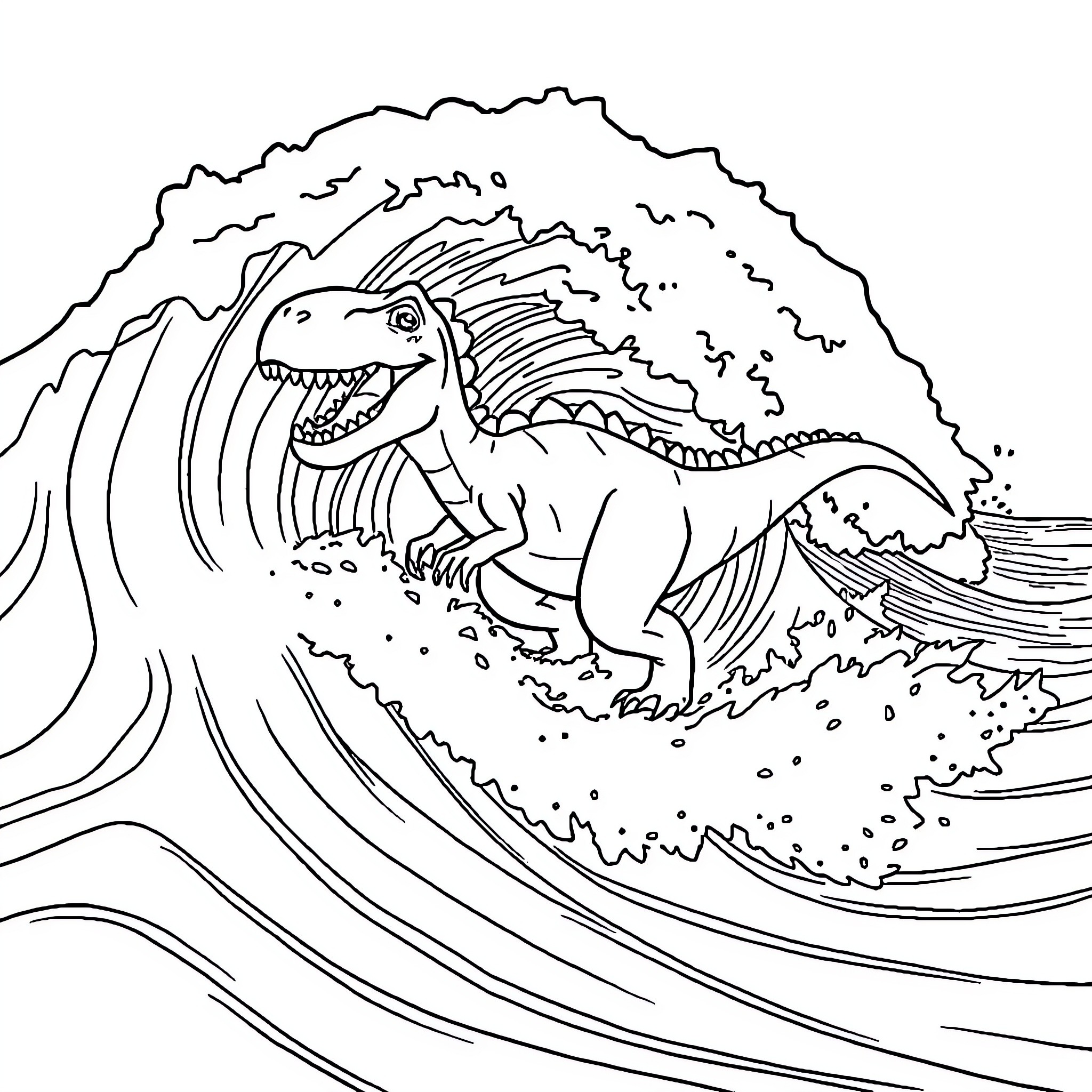 Dinosaur charging through a crashing wave Coloring Page (free black-and-white line drawing printable PDF for all, from beginners to advanced learners, including children, teens, adults, and seniors)