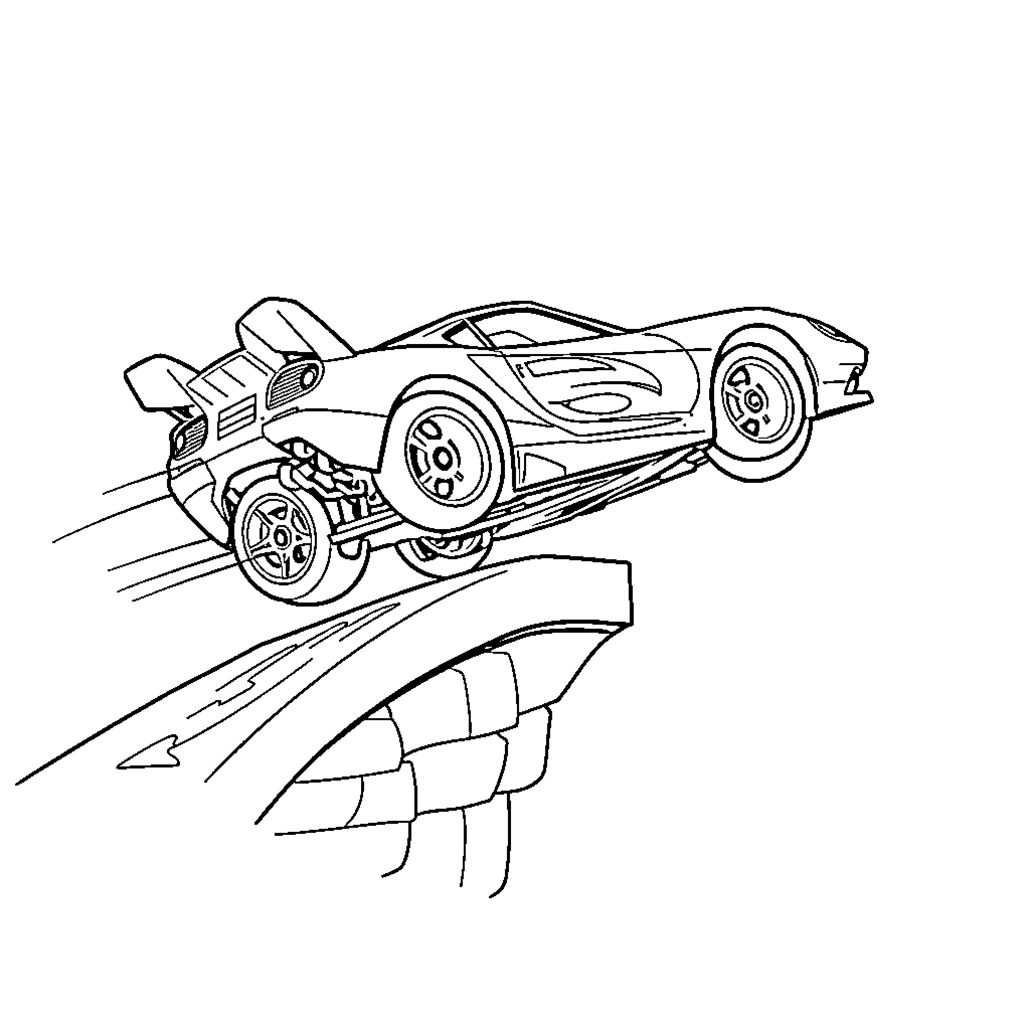 Hot Wheels racing car speeding on the track Coloring Page (free black-and-white line drawing printable PDF for all, from beginners to advanced learners, including children, teens, adults, and seniors)