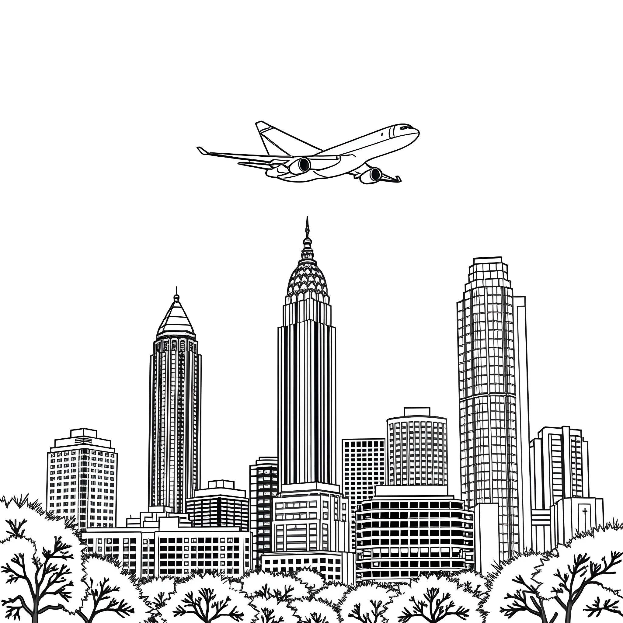 Airplane flying over the city skyline Coloring Page (free black-and-white line drawing printable PDF for all, from beginners to advanced learners, including children, teens, adults, and seniors)
