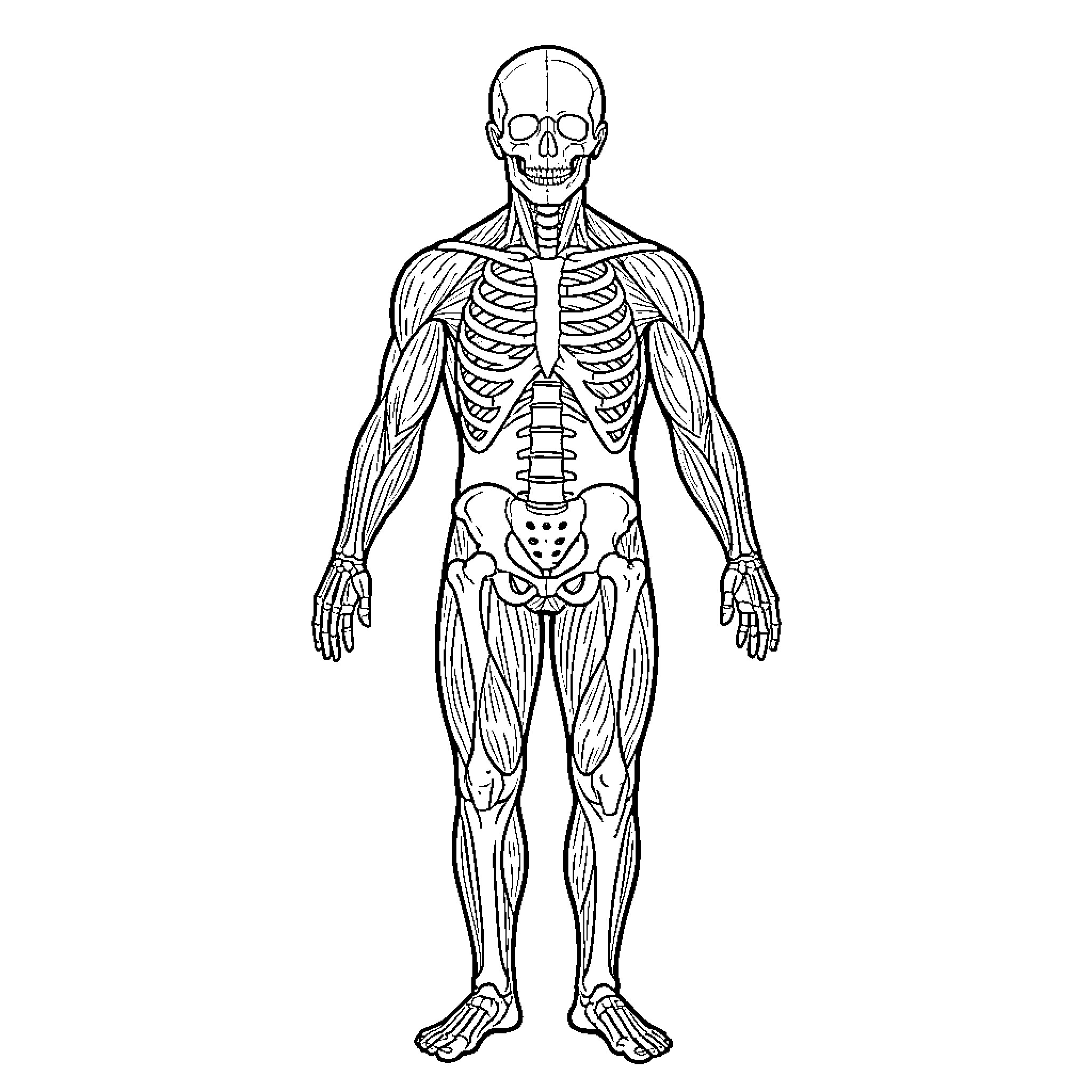 Musculoskeletal System Anatomical Diagram Coloring Page (free black-and-white line drawing printable PDF for all, from beginners to advanced learners, including children, teens, adults, and seniors)