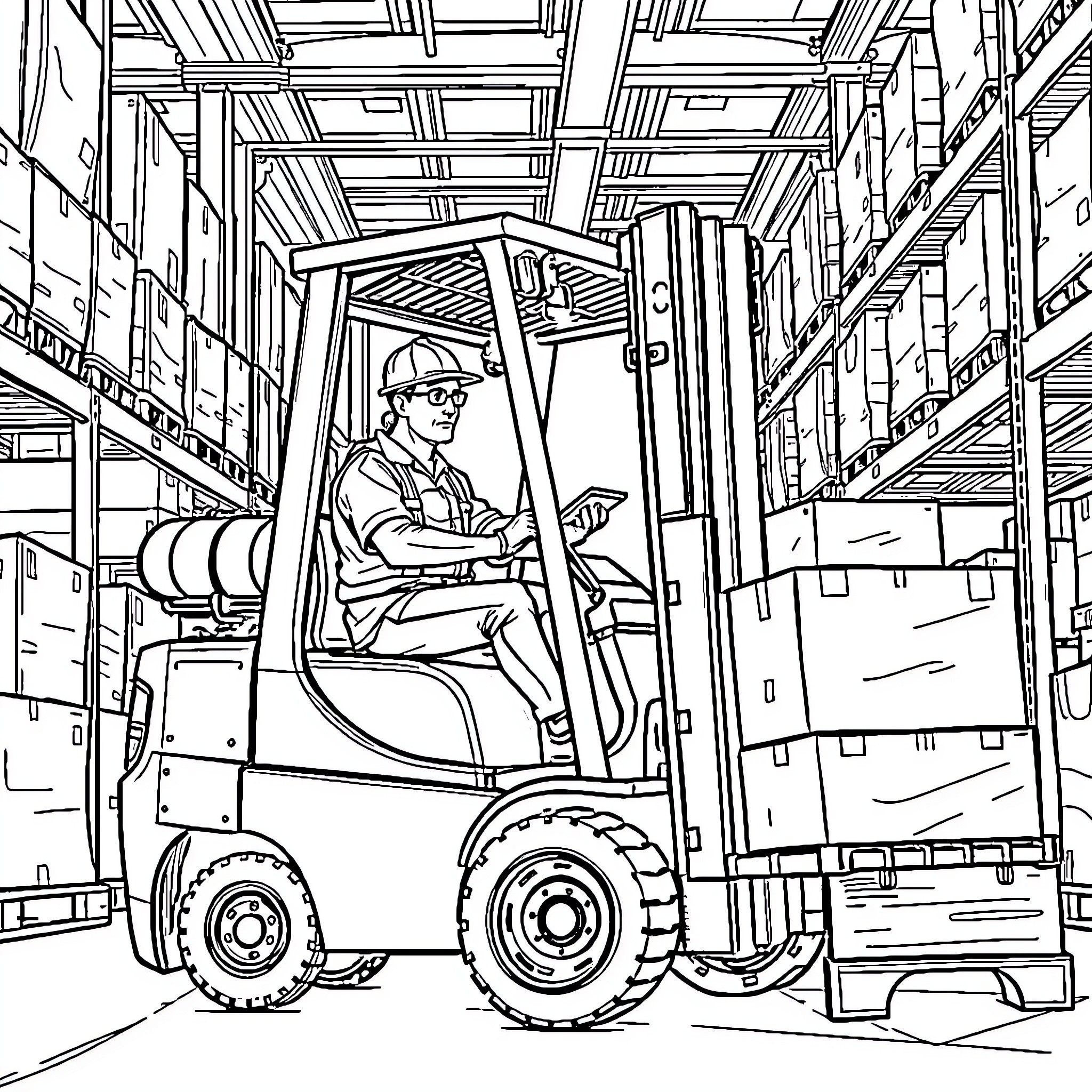 Forklift operator working in a warehouse Coloring Page (free black-and-white line drawing printable PDF for all, from beginners to advanced learners, including children, teens, adults, and seniors)