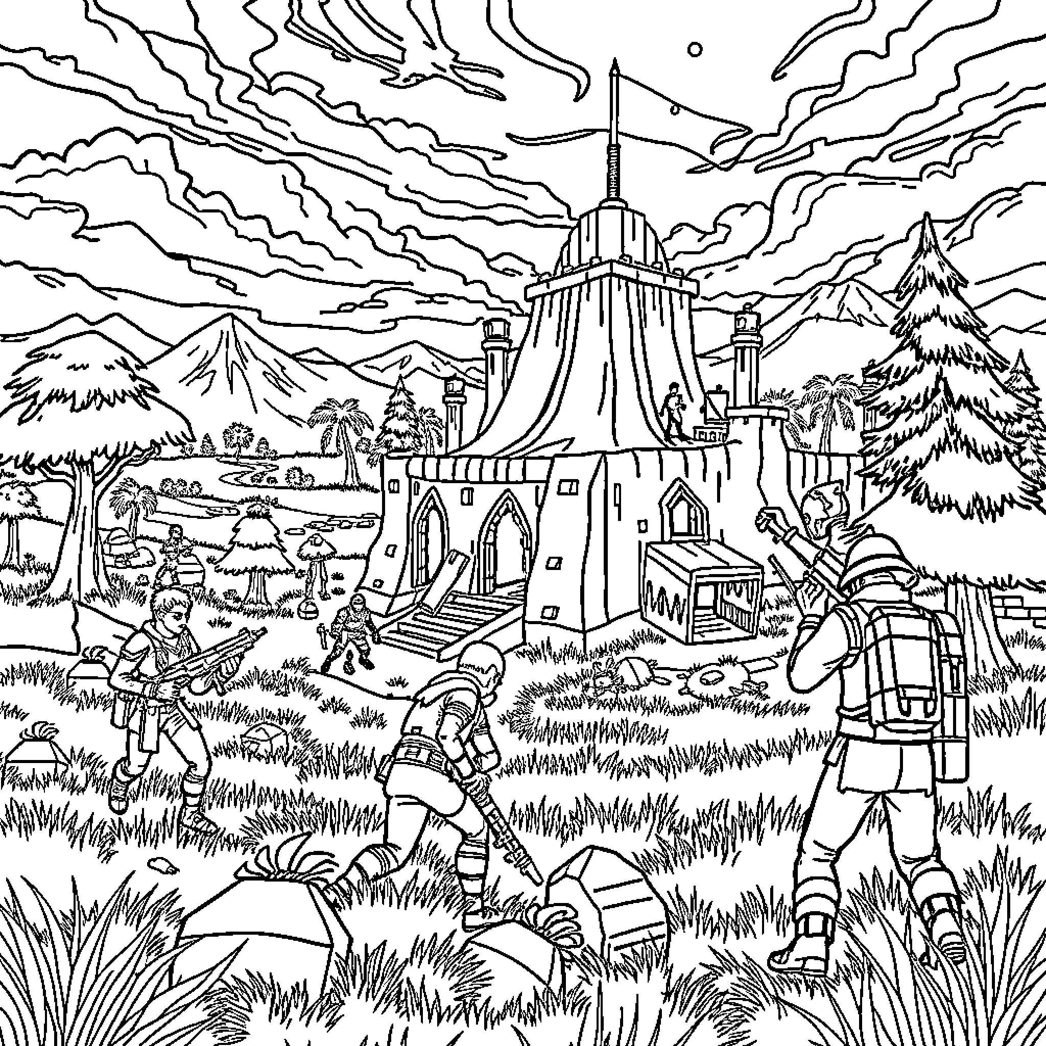 Fortnite Characters Exploring a Fantasy Landscape Coloring Page (free black-and-white line drawing printable PDF for all, from beginners to advanced learners, including children, teens, adults, and seniors)