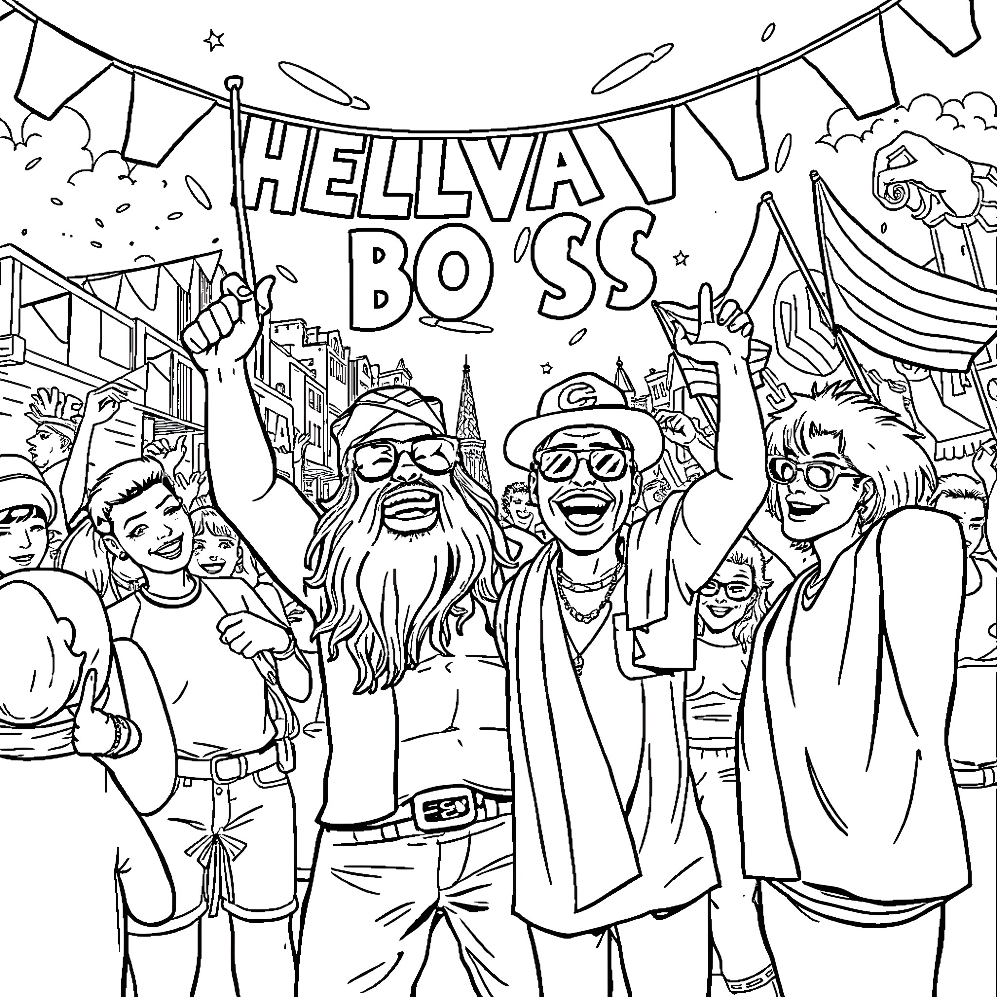 Boss celebrating with a lively crowd Coloring Page (free black-and-white line drawing printable PDF for all, from beginners to advanced learners, including children, teens, adults, and seniors)