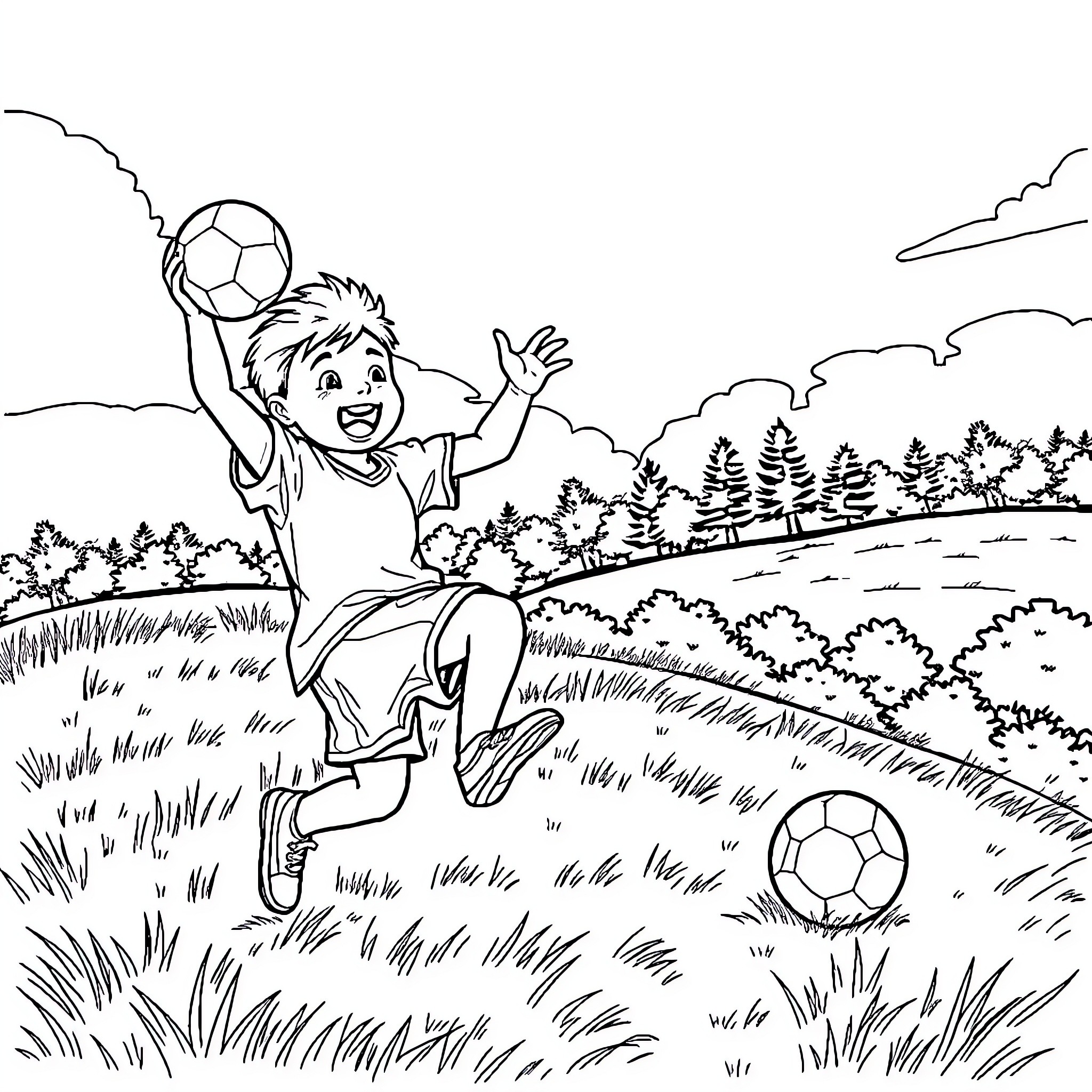Māori Boy Happily Playing Soccer in the Countryside Coloring Page (free black-and-white line drawing printable PDF for all, from beginners to advanced learners, including children, teens, adults, and seniors)